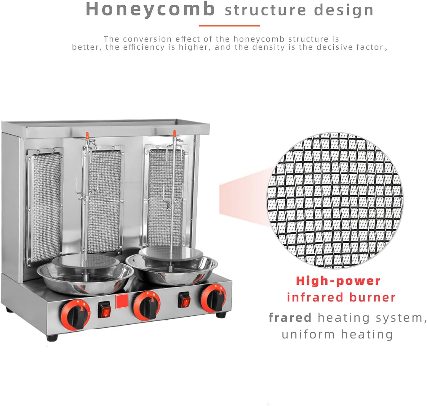 Gas Kebab Machine, Stainless Steel Vertical To Rotate Commercial Grill, With Simple Control Panel, High Density Ceramic Heating Plate And Double Row Cooling Holesfor-One Color-pair
