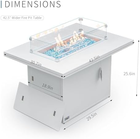 FINCATI Propane Fire Pit,43 Inch 50,000 BTU Aluminum Fire Outdoor Gas Fire Pit with Lid &Glass Beads & Wind Guard, Firepit Table for Outside Patio Balcony White