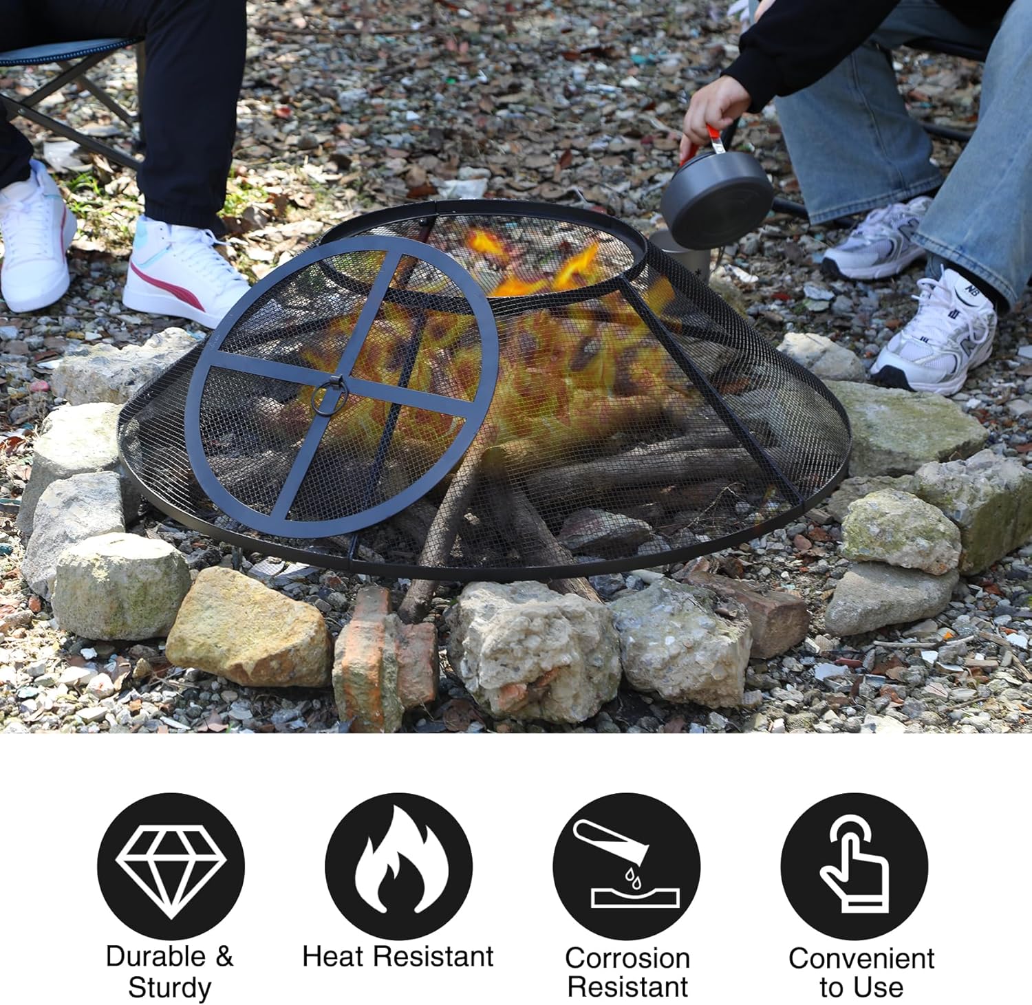 Lineslife Fire Pit Spark Screen 36 Inch with Top Cover Round, Heavy Duty Collapsible Outdoor Fire Pit Mesh Screen, Metal Fire Pit Top Lid with Ring Handle for Patio Backyard, Black