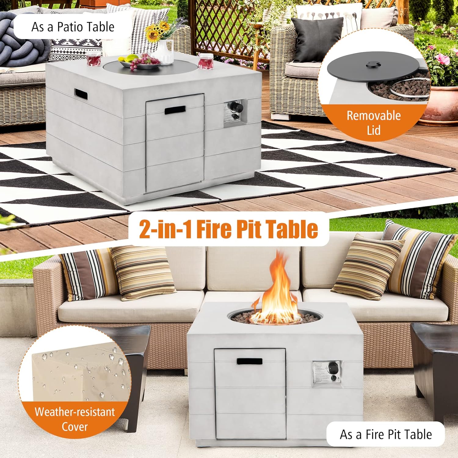 Augester Fire Pit Table, Outdoor Square Propane Fire Table, Staineless Steel Burner, Lava Rocks for Patio Garden
