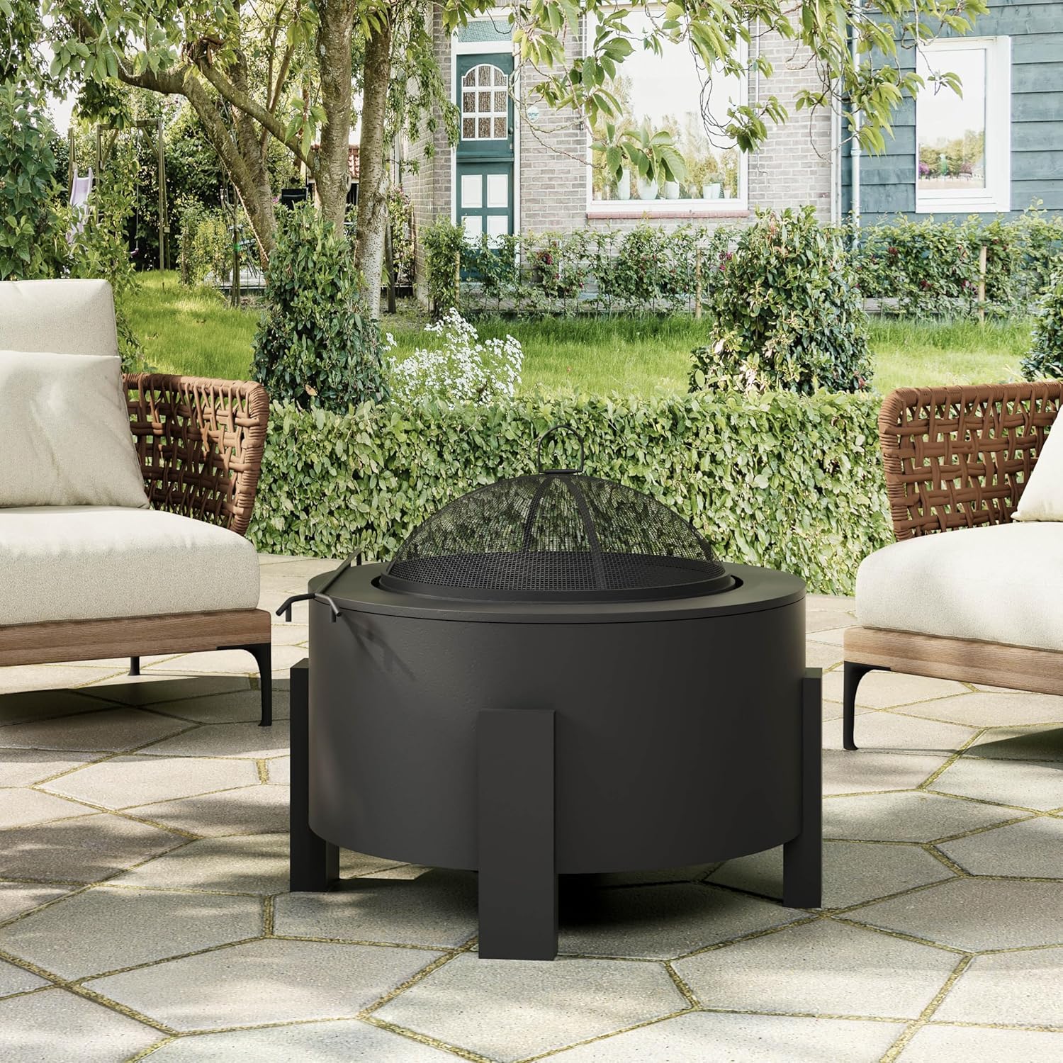 Scott Living Flicker Wood Burning Fire Pit, 25-Inch Portable Steel Firepit with Spark Screen, Efficient Airflow Design, High-Temp Finish, Quick Assembly for Camping, Patio, Backyard, Black