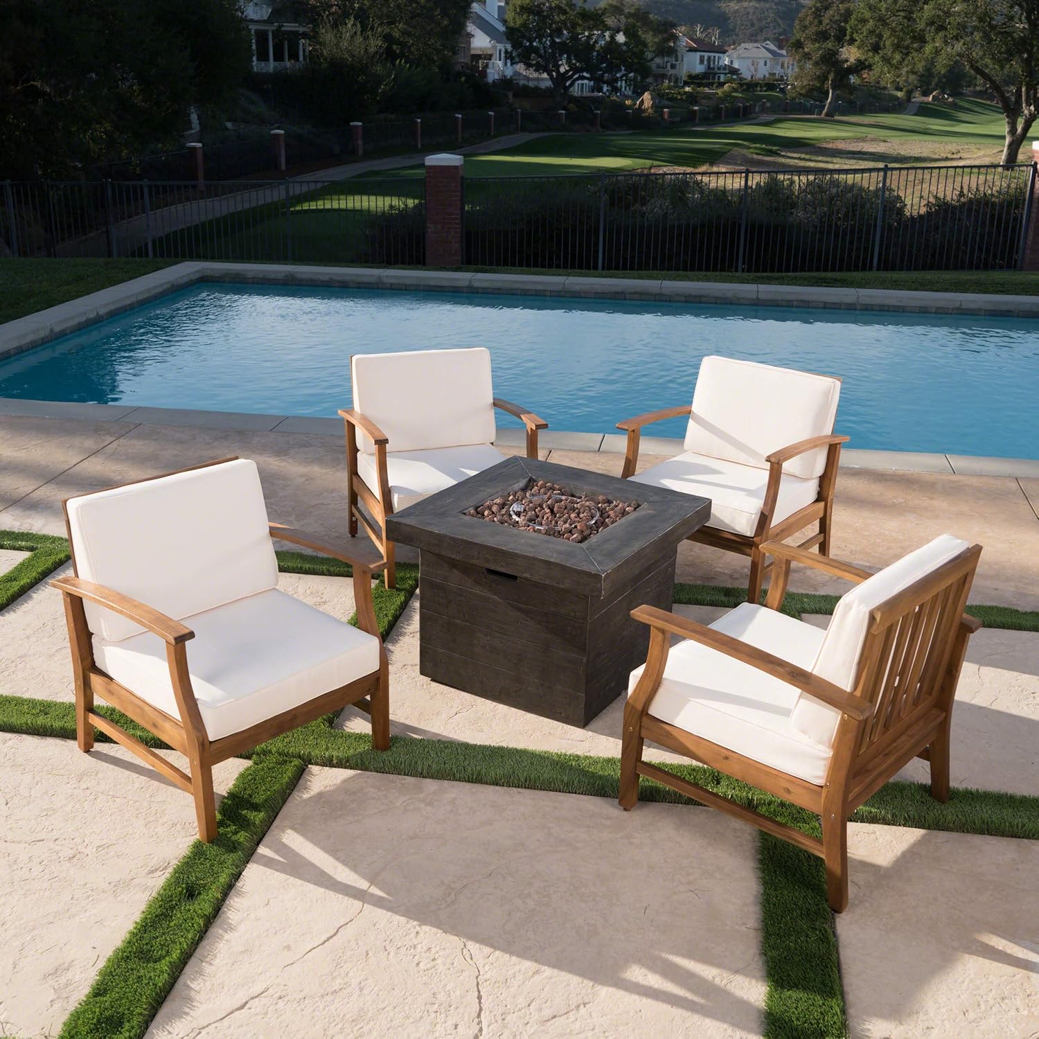 GDFStudio Outdoor 4 Seater Teak Finished Acacia Wood Club Chairs with Cream Water Resistant Cushions & Brown Fire Pit