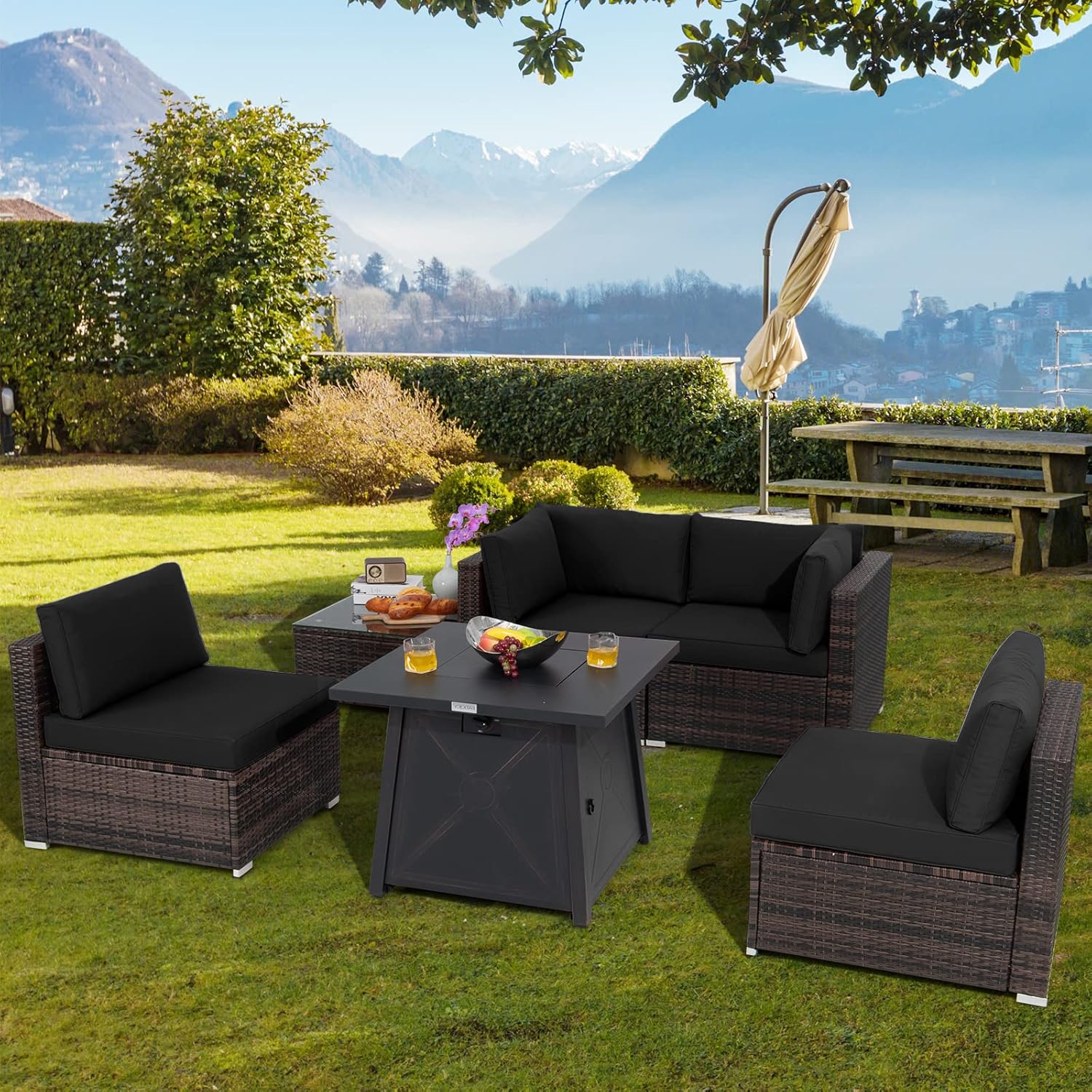 COSTWAY 6 Piece Patio Furniture Set with 30'' Fire Pit Table, Outdoor Wicker Rattan Sectional Conversation Set with 4'' Thickened Cushions, Armless Sofa and Side Coffee Table (Black)