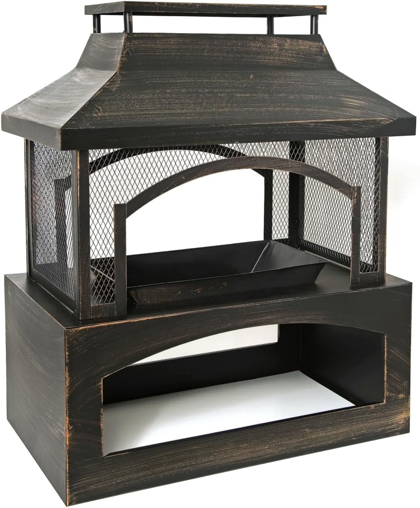 37-Inch Antique Brass Outdoor Wood Burning Fireplace, Rectangular Steel Fire Pit with Chimney, Spark Screen, Log Storage & Poker, Patio Garden Backyard Fireplace