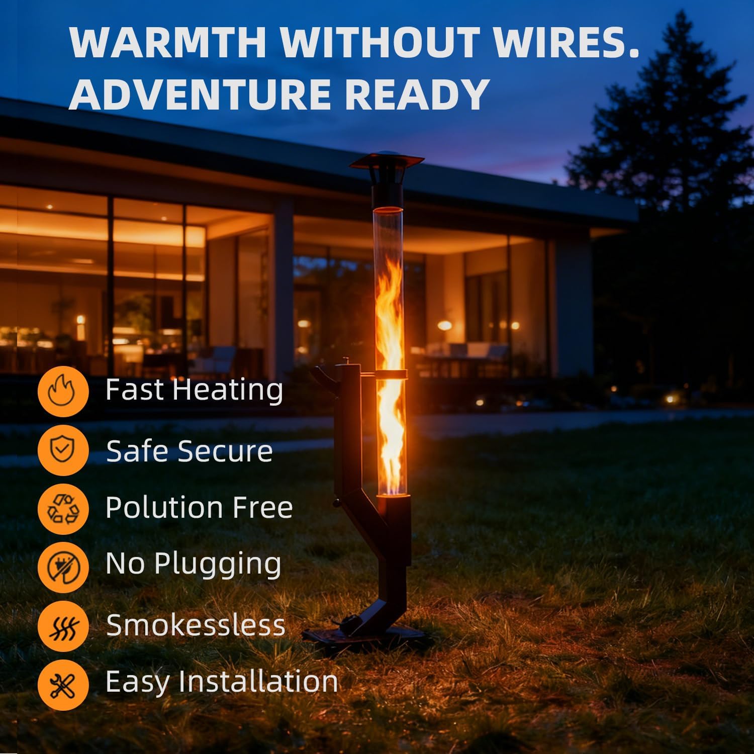 Eco Flame Smokeless Wood Pellet Fire Pit & Patio Heater, Portable Outdoor Rocket Stove with Glass Tube and Ash Tray for Backyard, Camping, Beach, Garden - Stainless Steel Premium