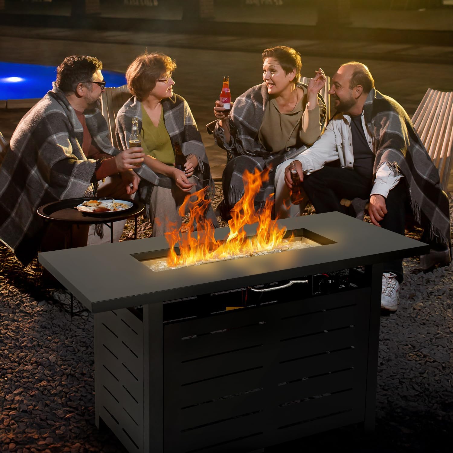 Hykolity 42 Inch Gas Fire Pit Table, 60,000 BTU Propane Pits for Outside with Steel Lid and Waterproof Cover, 2 in 1 Firepit Table Gatherings Parties on Patio Deck Garden Backyard, Black