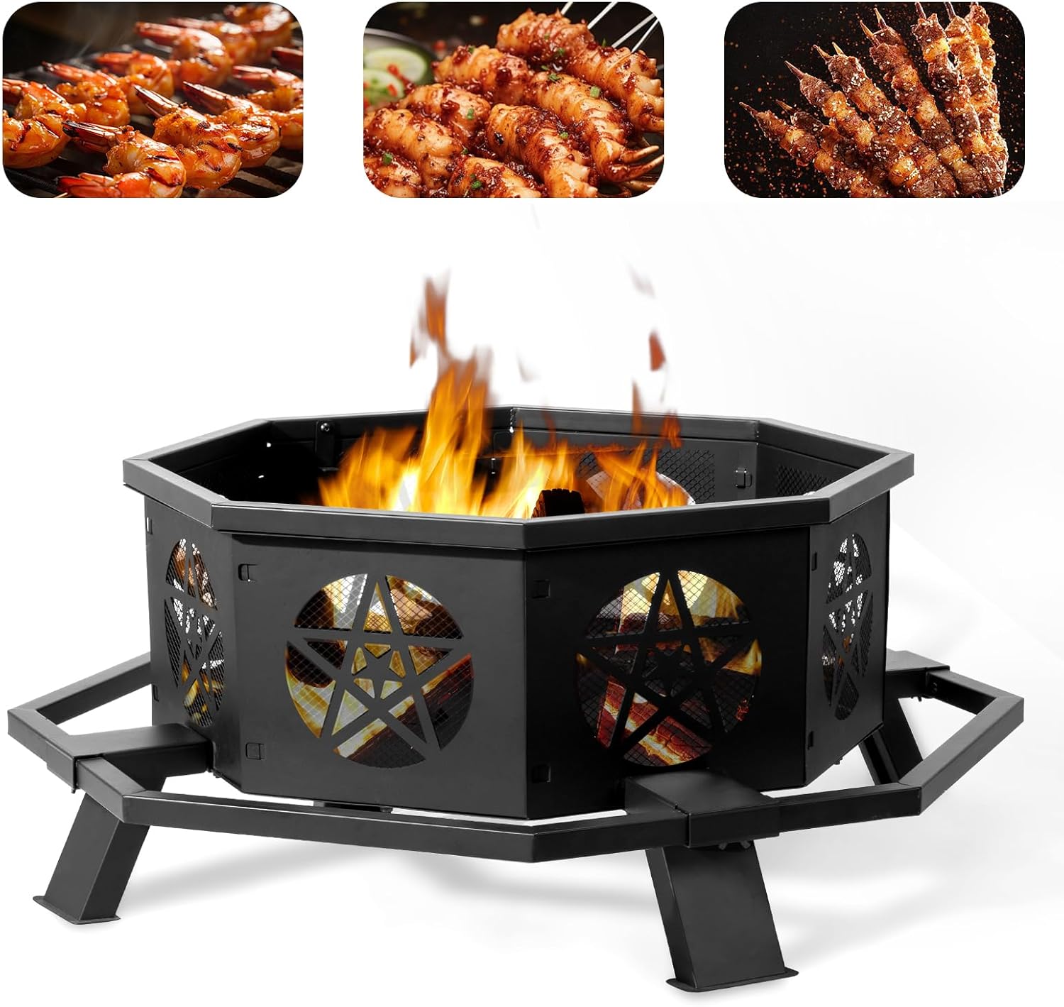 43 Inch Octagonal Fire Pit, Outdoor Wood Burning Fire Pit with Star Cutouts Large 43.31