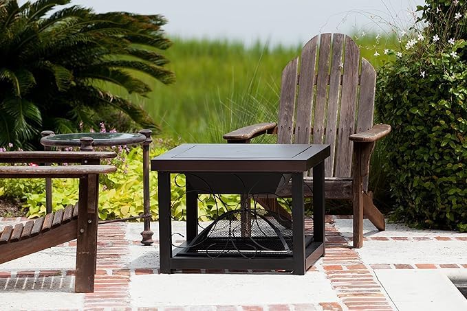 Fire Pit Cocktail Square Table Wood Burning Steel Mesh Spark Screen Wood Grate Screen Lift Steel Firepit with Log Storage Rack - Hammer Tone Bronze Finish
