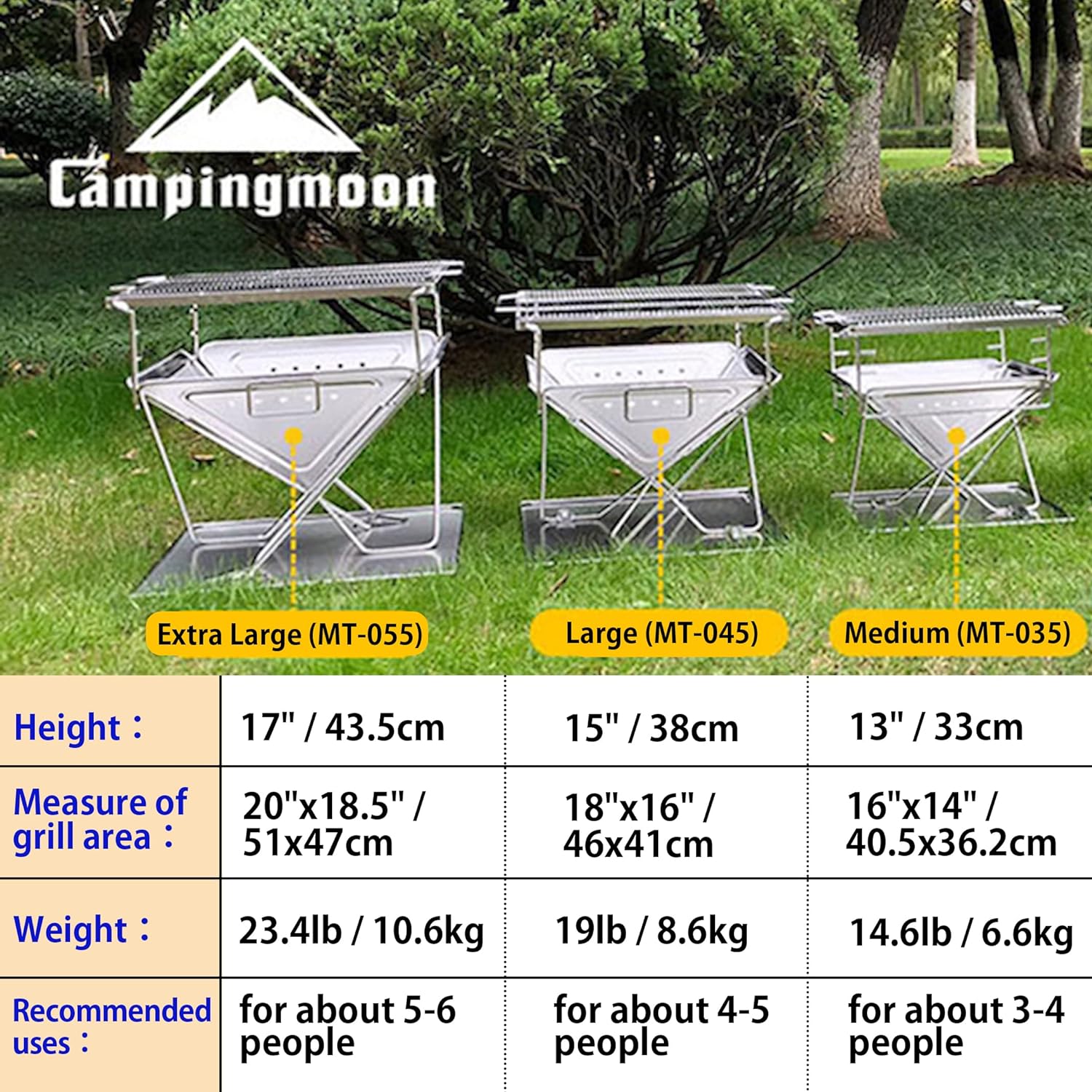 CAMPINGMOON 3-in-1 Portable Stainless Steel Wood Burning Grill and Fire Pit 14x15.35-inch with Carrying Bag MT-035