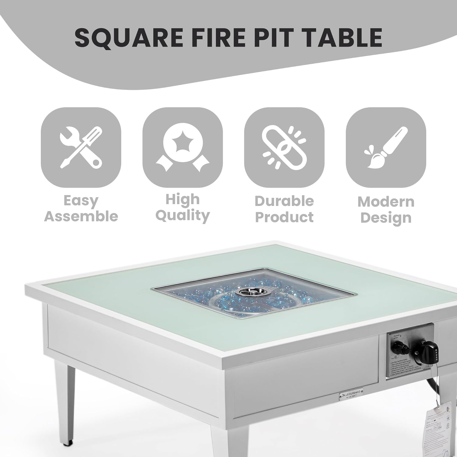 LeisureMod Walbrooke Modern Square Fire Pit Table and Tank Holder with Powder Coated Aluminum for Patio and Backyard Garden, White