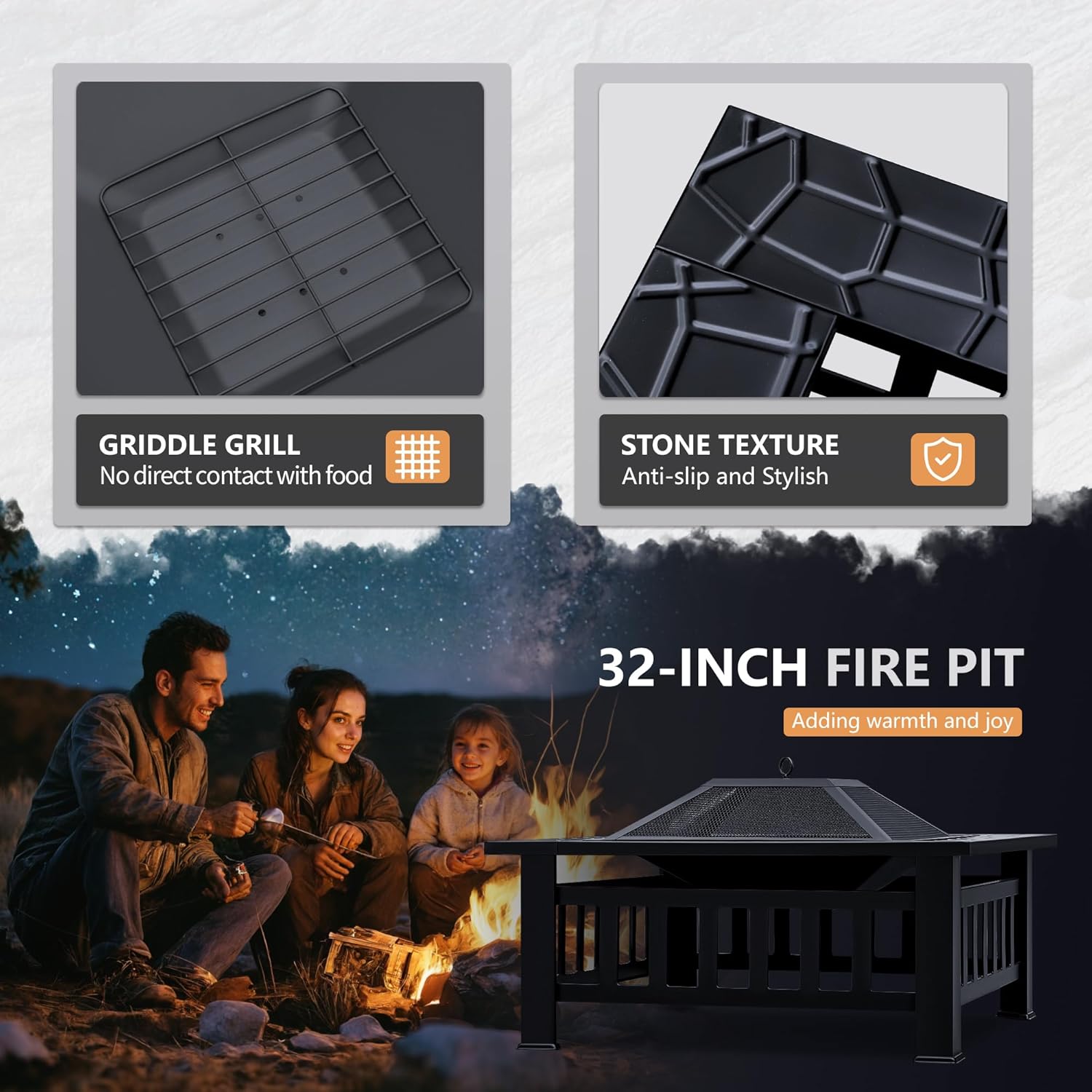Greesum Multifunctional Patio Fire Pit Table, 32in Square Metal BBQ Firepit Stove Backyard Garden Fireplace with Spark Screen Lid and Rain Cover for Camping, Outdoor Heating, Bonfire and Picnic, Black