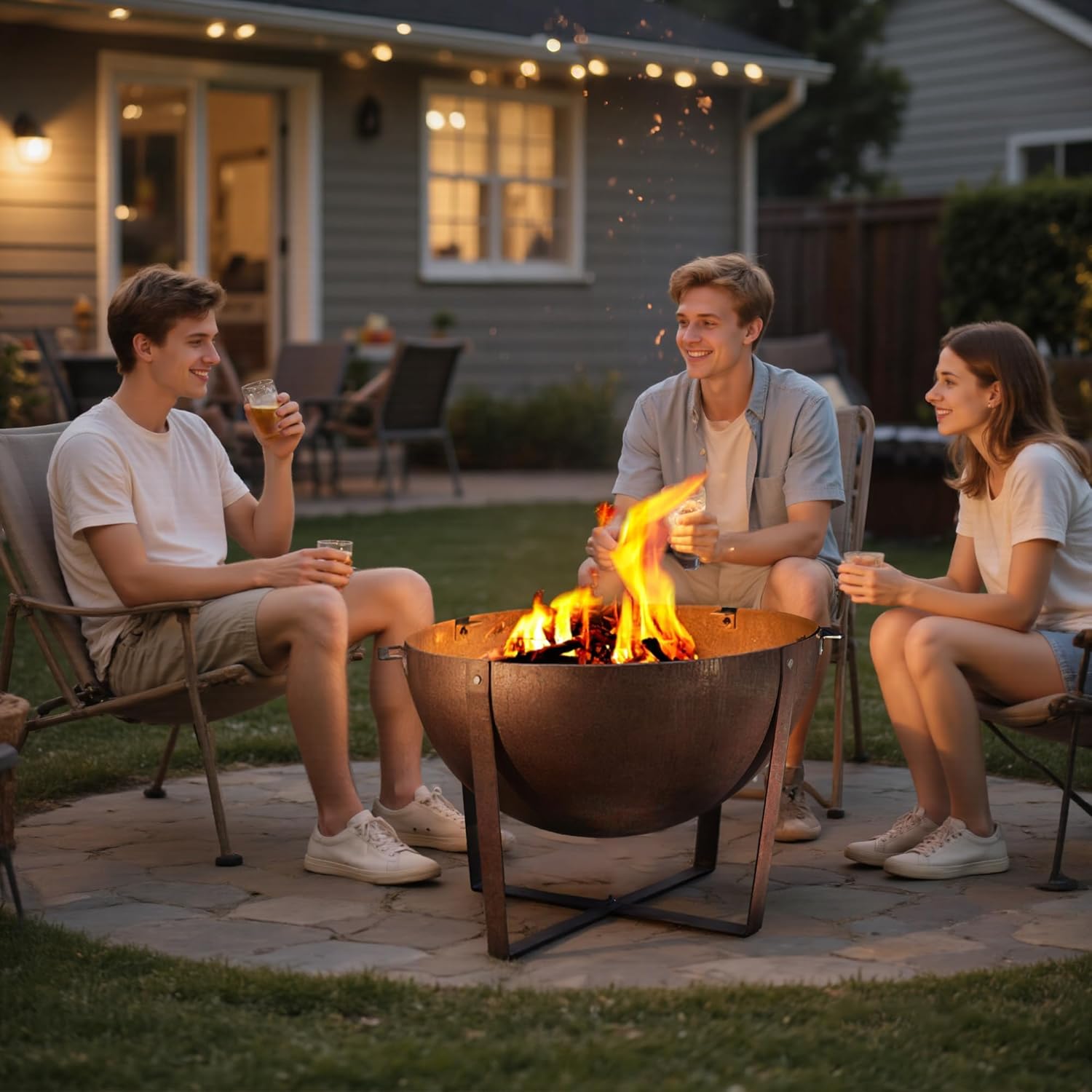 Corten Steel Heavy-Duty Fire Pit with Grilling Ring,Fire Pit Bowl with Stand,Round Firepit with Handle, Weathering Steel Wood Burning Firepit for Outside Backyard Deck Party Bonfire,32”