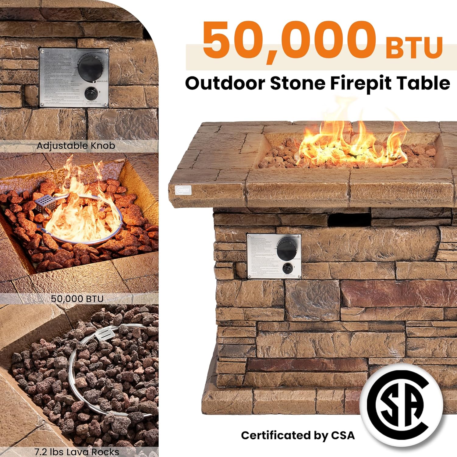 HOMPUS Outdoor Propane Fire Pit Table 32-inch Imitation Stone Square Concrete Propane Fire Pit with Lava Rocks and Rain Cover 50,000 BTU Gas Smokeless Fire Pits for Outside Patio,Garden, CSA Certified