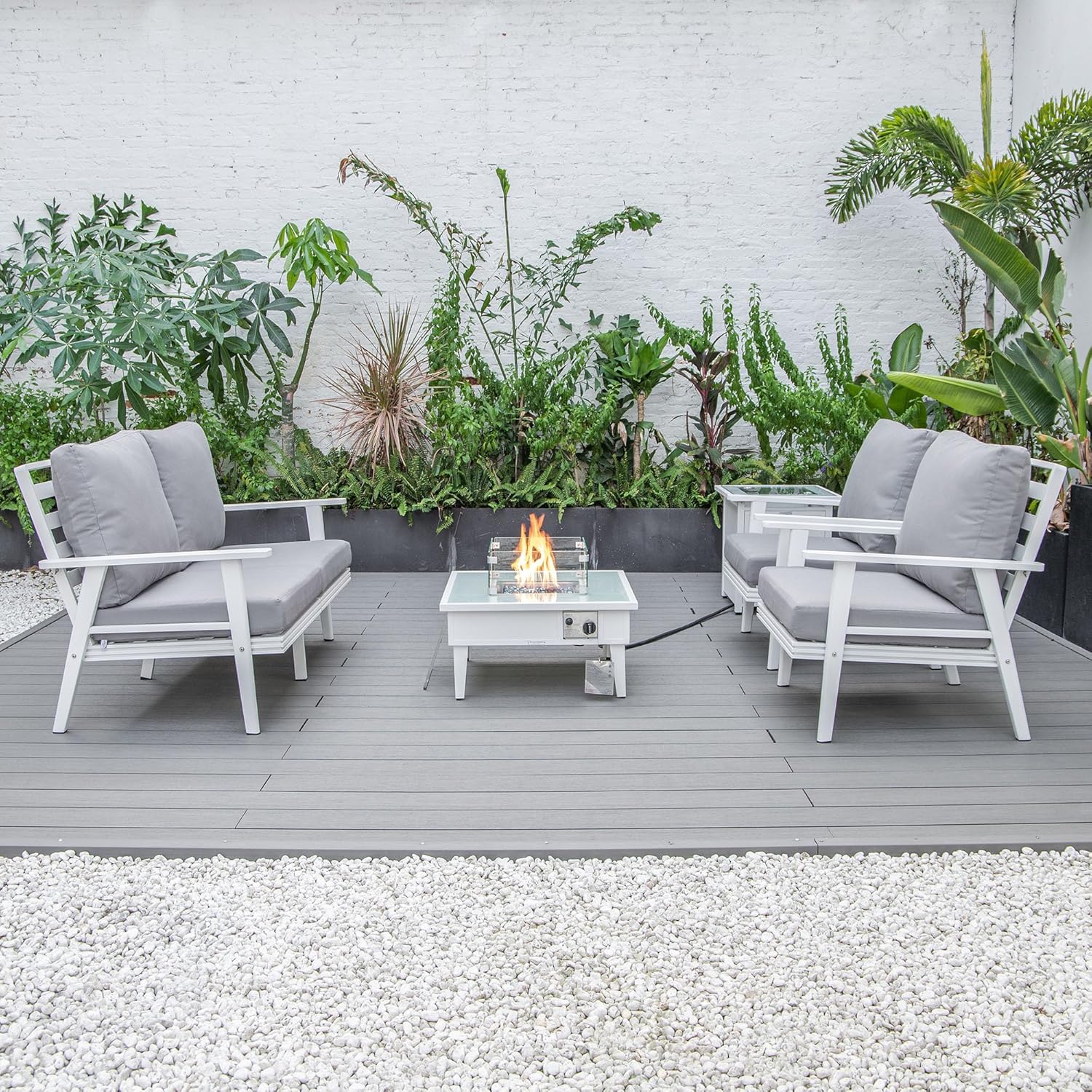 LeisureMod Walbrooke Modern Aluminum 5-Piece Patio Conversation Set with Outdoor Square Fire Pit Table & Side Table Tank Holder (Grey)
