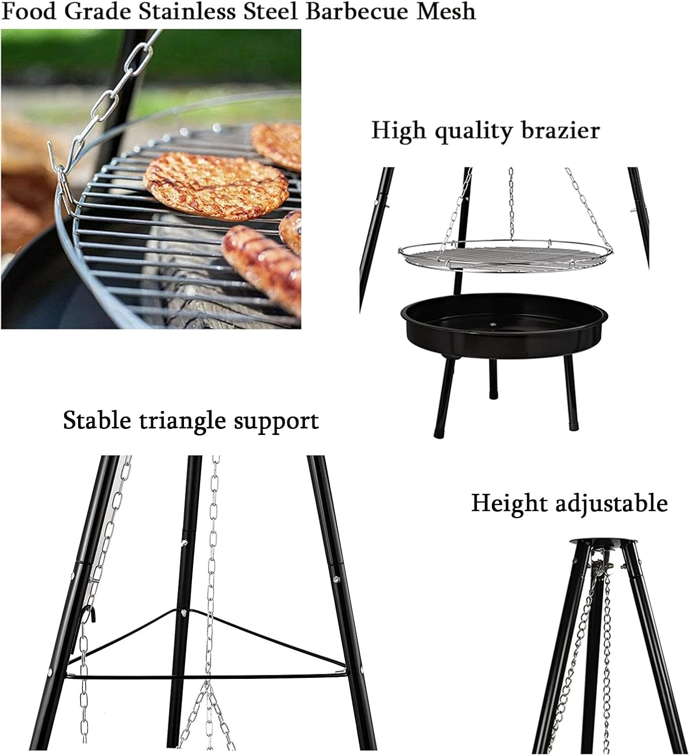 Fire Pit Tripod Charcoal BBQ Grill, Barbecues with Height-Adjustable Swivel Hanging Grill Portable Metal Fire Bowl for Outdoor Cooking Drying Clothes Pot Roast Grilling