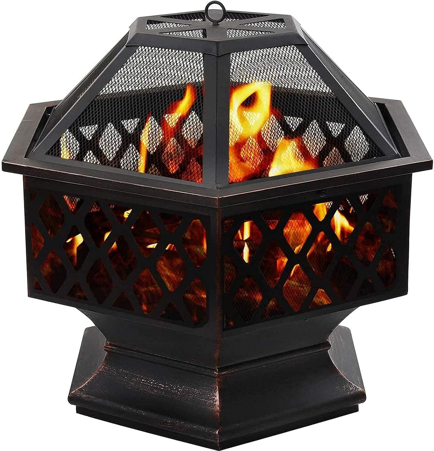 Fire Pit Metal Outdoor Wood Burning Firebowl Fireplace with Spark Screen Retardant Mesh Lid and Poker for Outside Backyard Deck