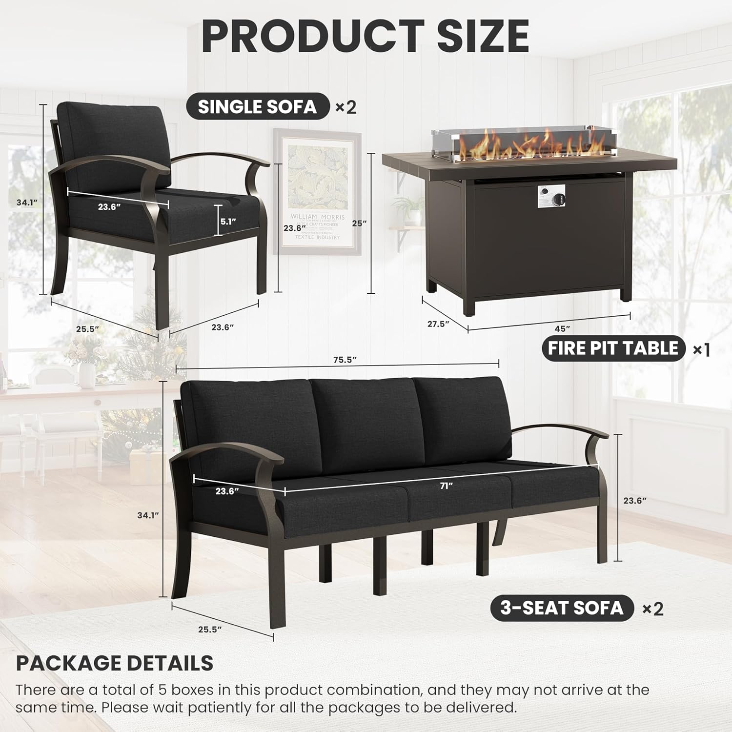 ALAULM Aluminum Patio Furniture Set with Propane Fire Pit Table 8-seat Metal Outdoor Furniture w/Fire Pit Patio Conversation Set w/5.1