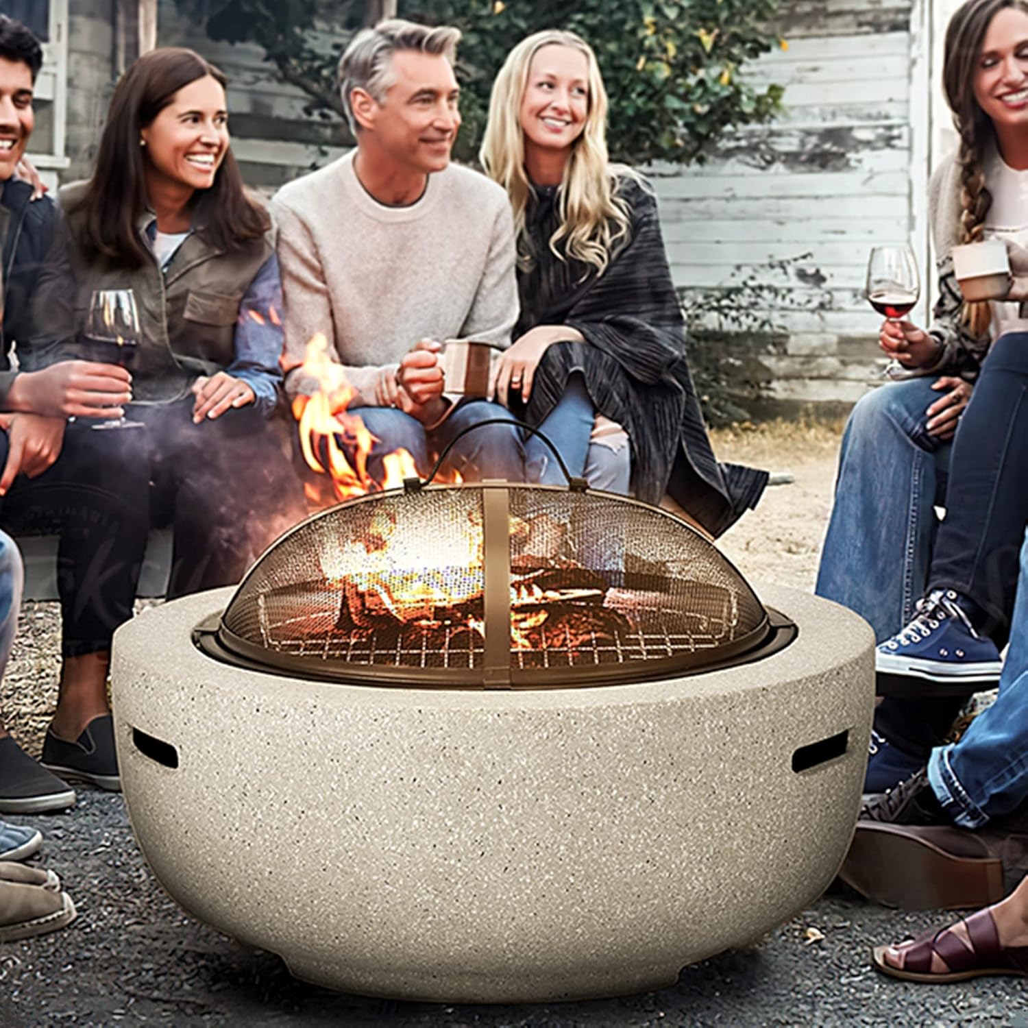 Portable Fire Pits & Bowls Set w/Spark Screen, Fireplace Poker, Grate, Outdoor Fire Pits Brazier, Wood Burning Heating Basin, Charcoal Barbecues BBQ Grill Firebowl