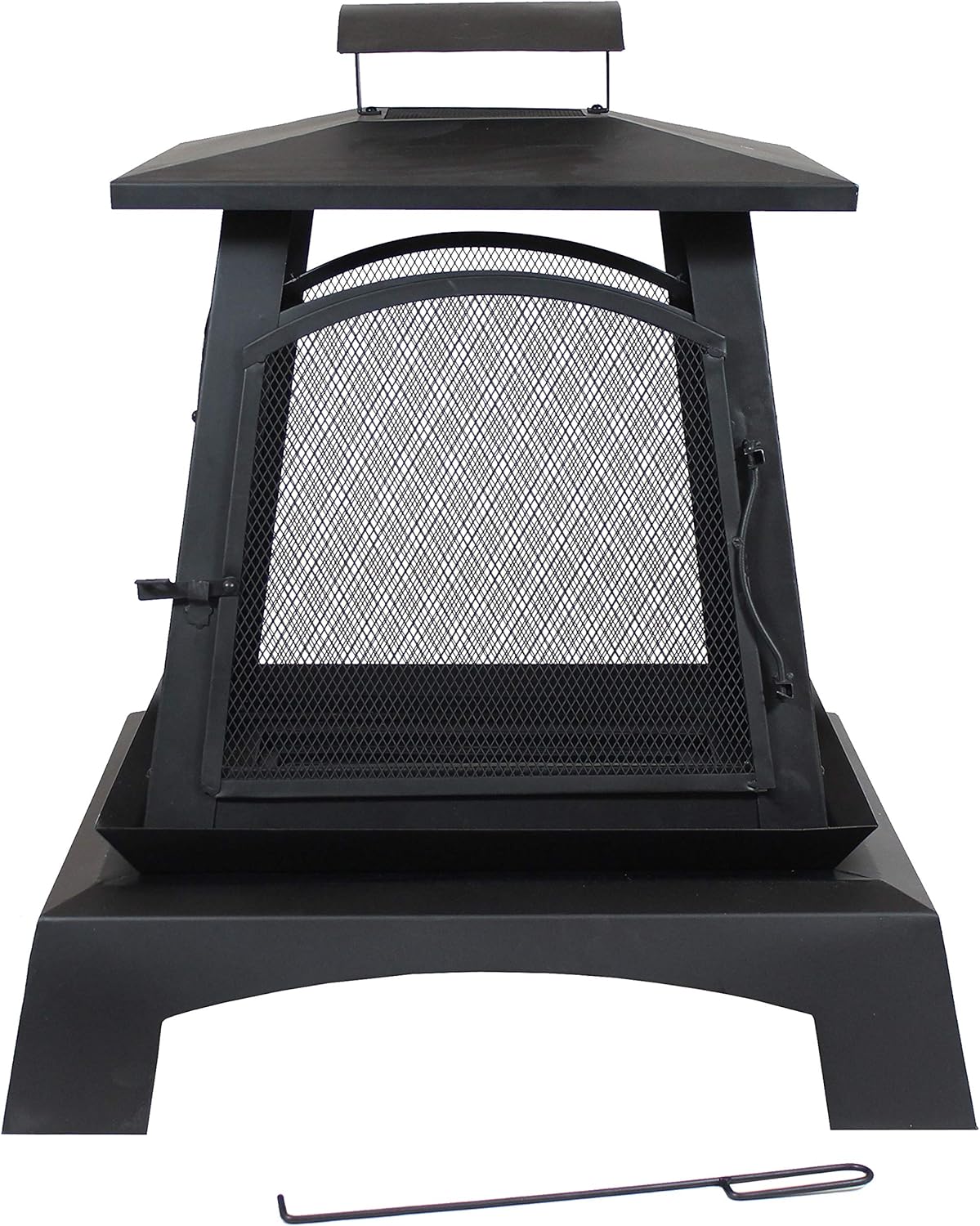 Sunnydaze 32-Inch Pagoda-Style Steel Wood-Burning Fire Pit with Log Grate and Poker - Black High-Temperature Paint Finish