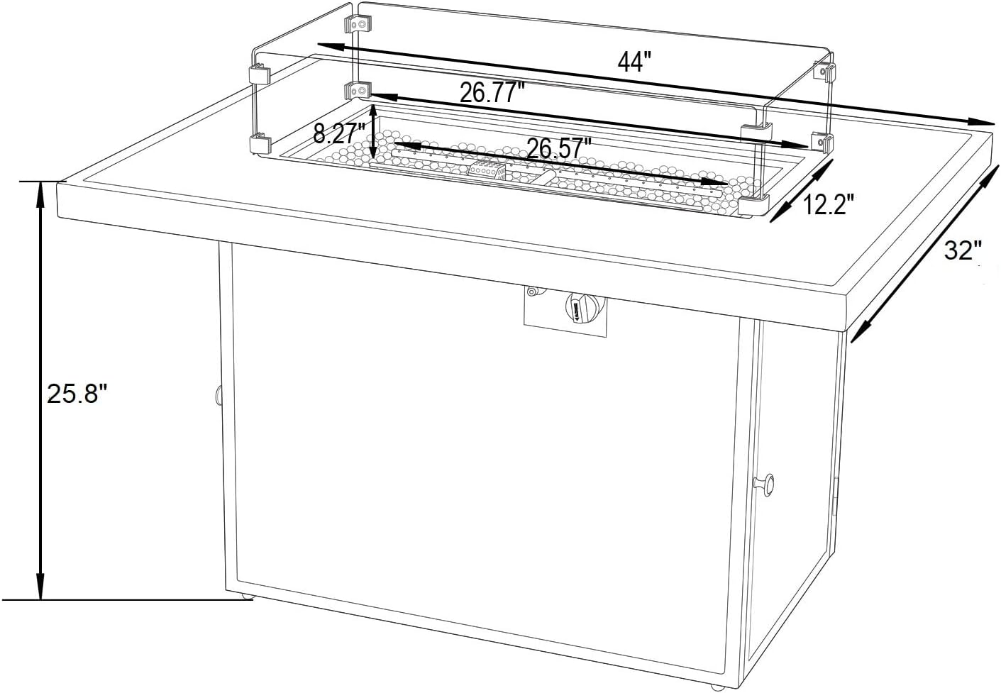 LeisureMod 44-Inch Propane Fire Pit Table, 50,000 BTU Auto-Ignition Gas Fire Pit with Lid, Tempered Glass Wind Guard & Decorative Stones, Grey