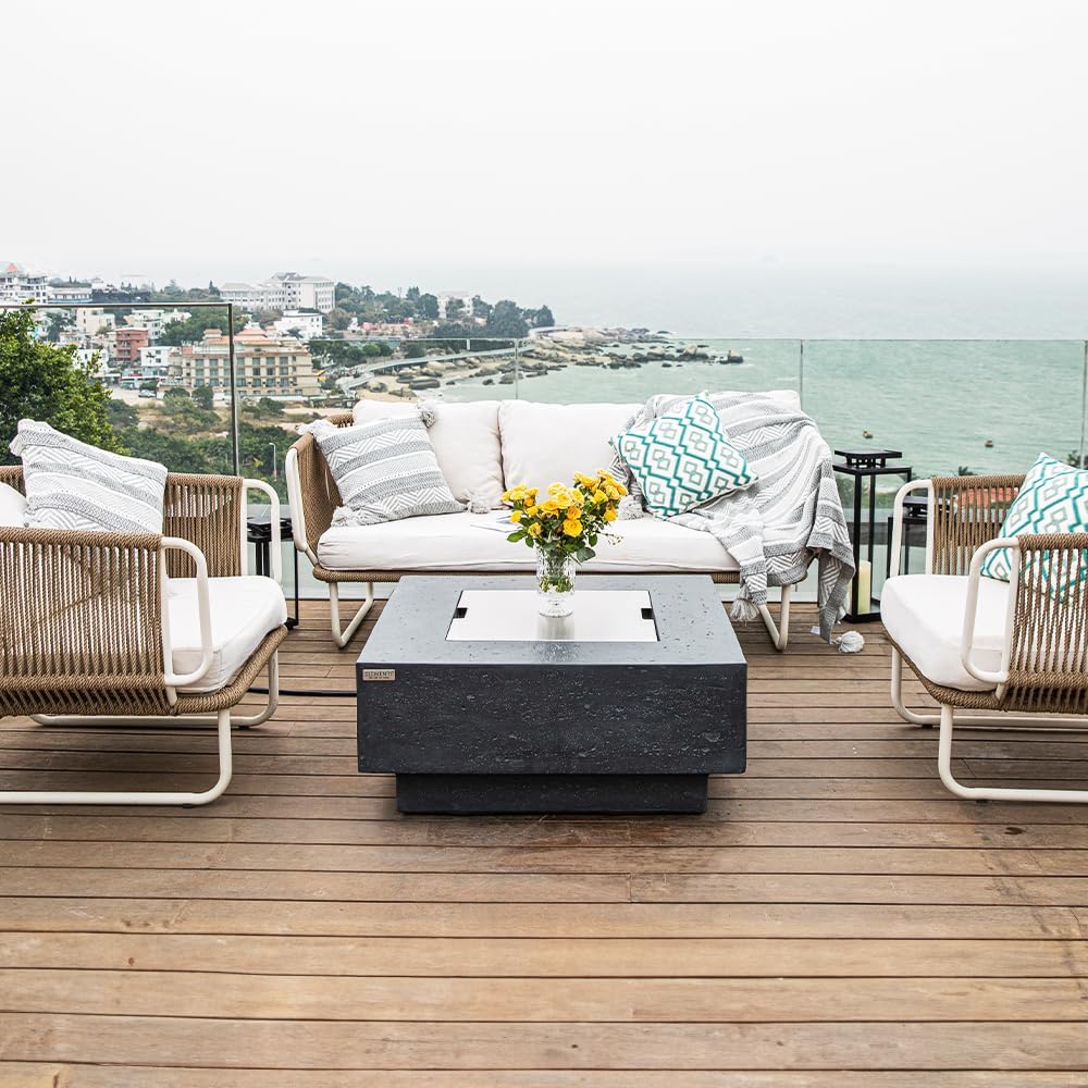 Elementi Manhattan Dark Grey 36” Propane Fire Pit Table Outdoor Fire Table with Glass Windscreen, Stainless Steel Cover, Tank Cover, Canvas, Floor Mat, Hammock, Beverage Tub