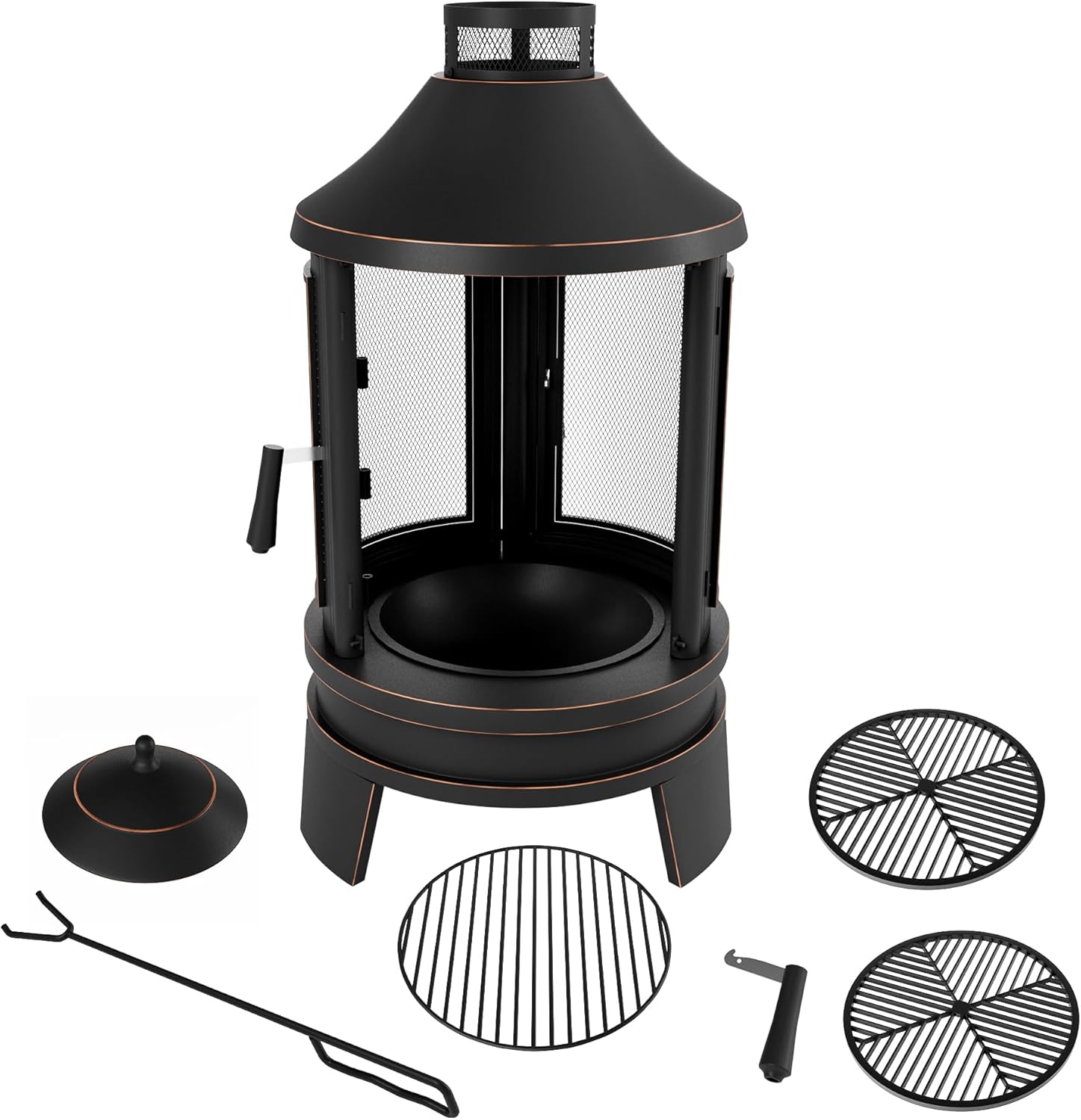 Outdoor Wood Burning Chiminea Fire Pit,24 Inch Metal Fireplace with Adjustable Grill Tray, Spark Screen Door & Fire Poker,Chiminea Firepit for Patio, Garden, Backyard,Black