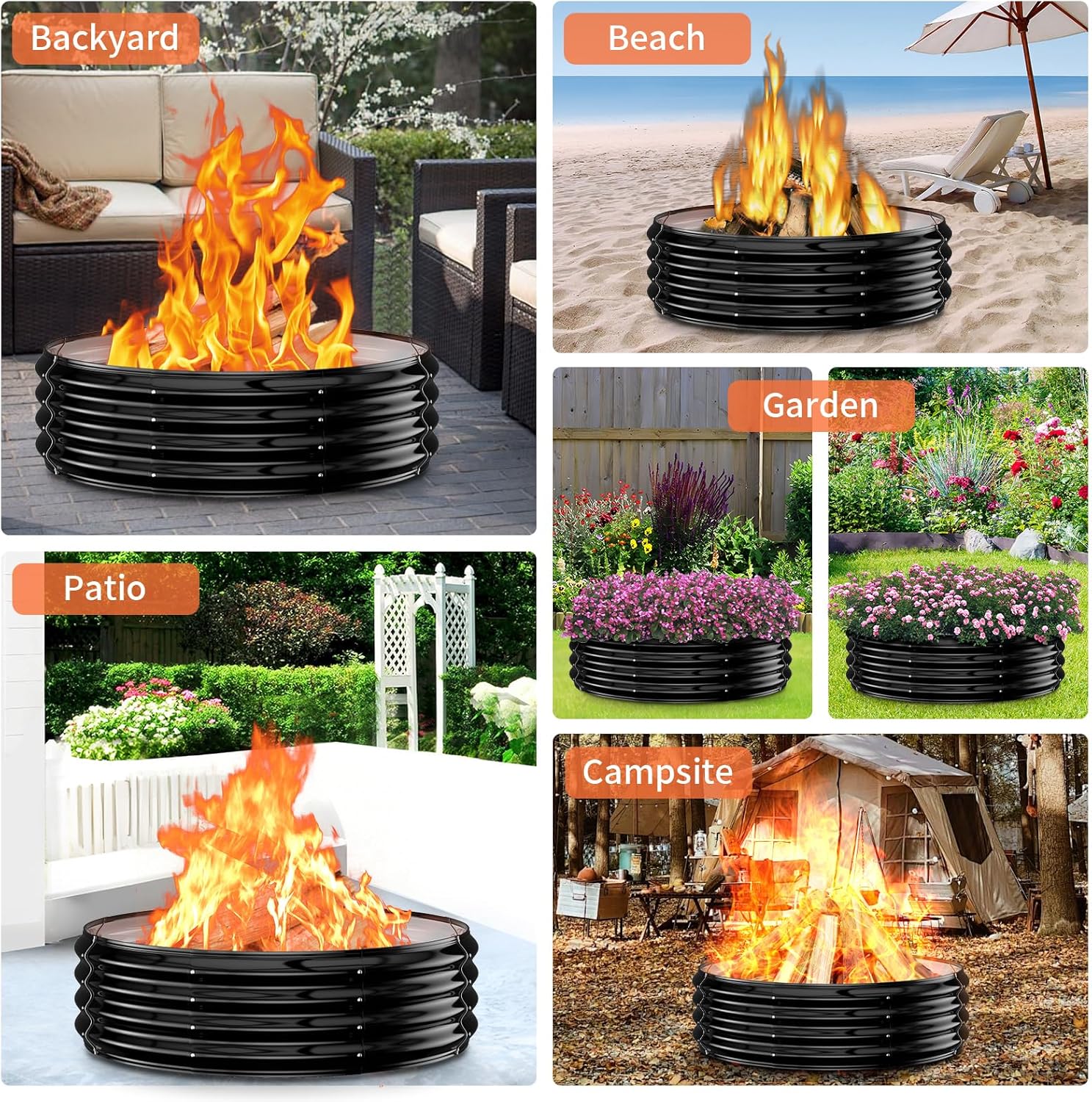 60IN Heavy Duty Fire Pit Ring for Outside - Large Wood Burning Fire Pits&Outdoor Fireplace,High Heat Resistant,12''Raised,Galvanized Steel Bonfire Pit Portable for Camping,Backyard,Patio