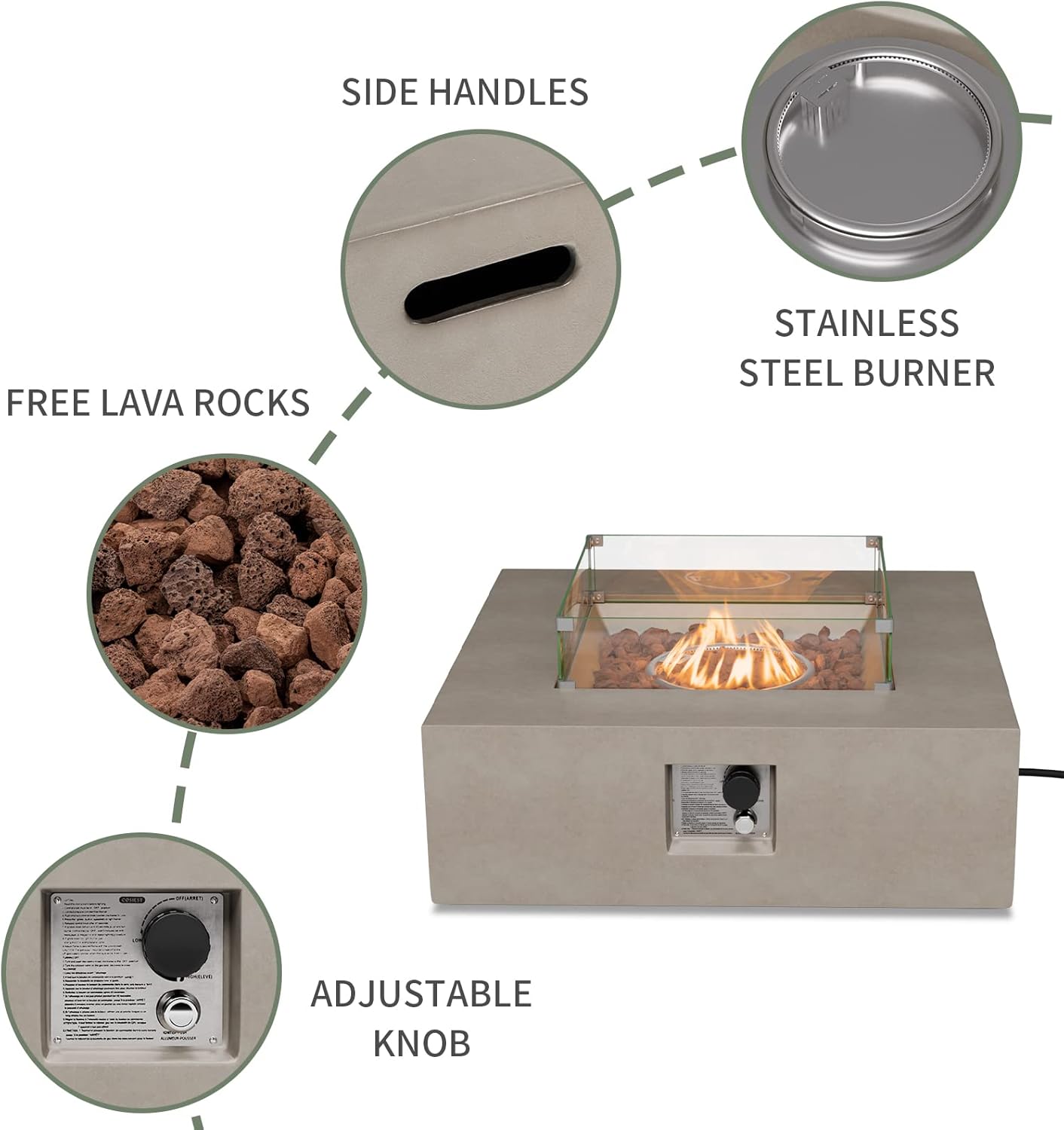 COSIEST Square Outdoor Sandstone Propane Fire Pit w Wind Guard, CSA Certified, 50,000 BTU Stainless Steel Burner, 35-inch, Free Lava Rocks and Rain Cover, Tank Outside, Metal Lid (Gray)