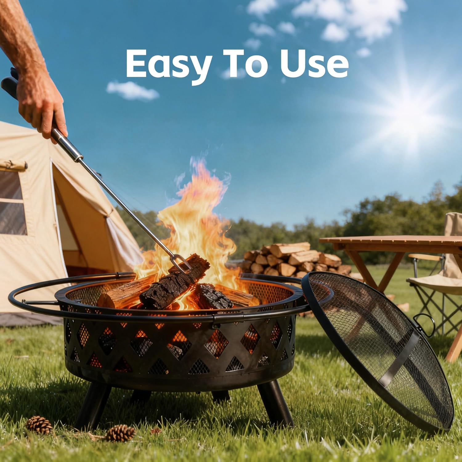 Smug 36 Inch Round Fire Pit, Wood Burning Fire Pits for Outside with Spark Cover Fire Poker, Outdoor Firepit for Patio, Backyard, Garden, Bonfire Party