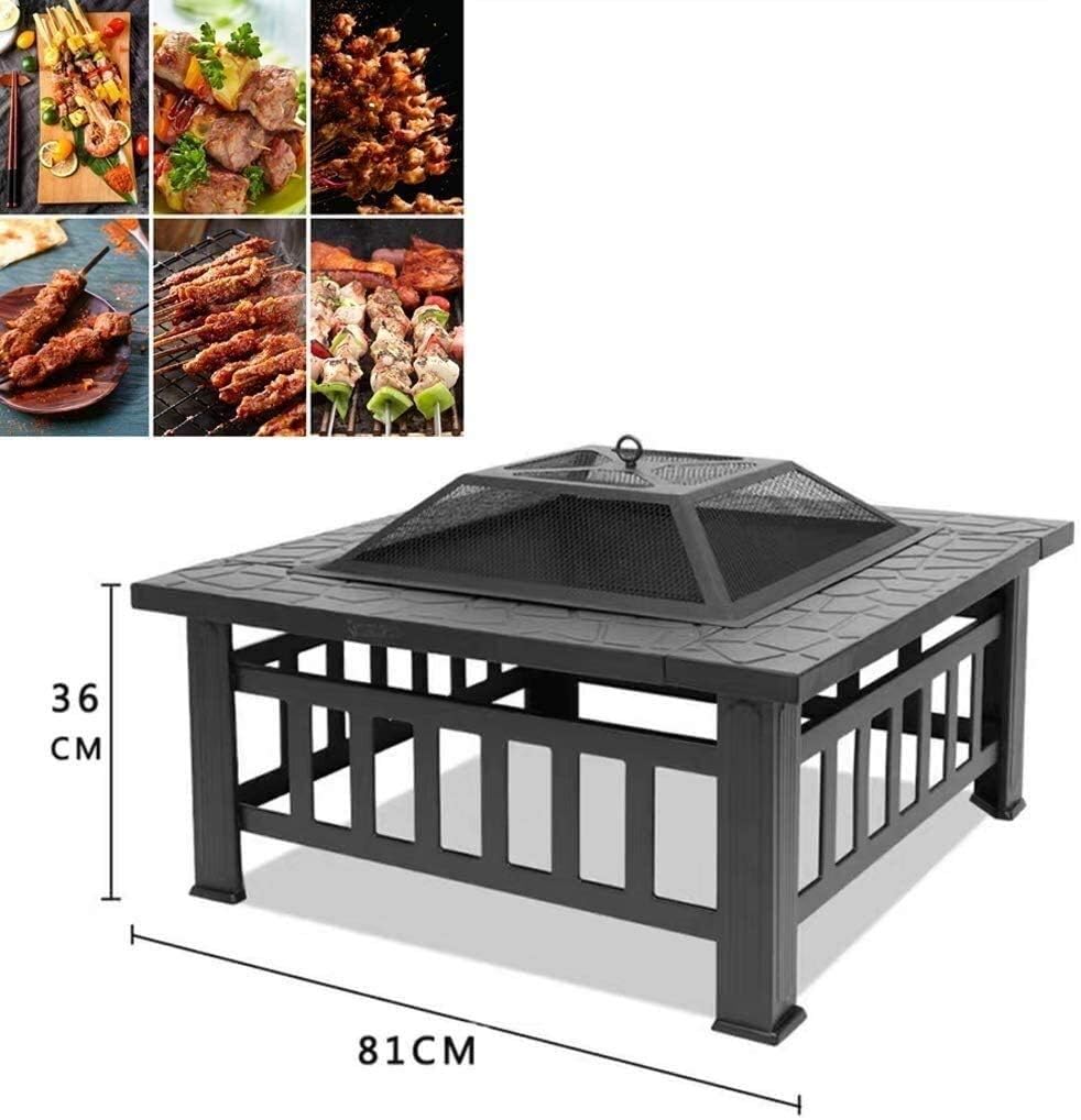 Fire Pits Outdoor Wood Burning Propane Fire Pit, Outdoor Metal Brazier Square Table Multi-Purpose Square Fireplace Garden Patio Heater for Party with Cover BBQ Cooking for Outside Camping Backyar