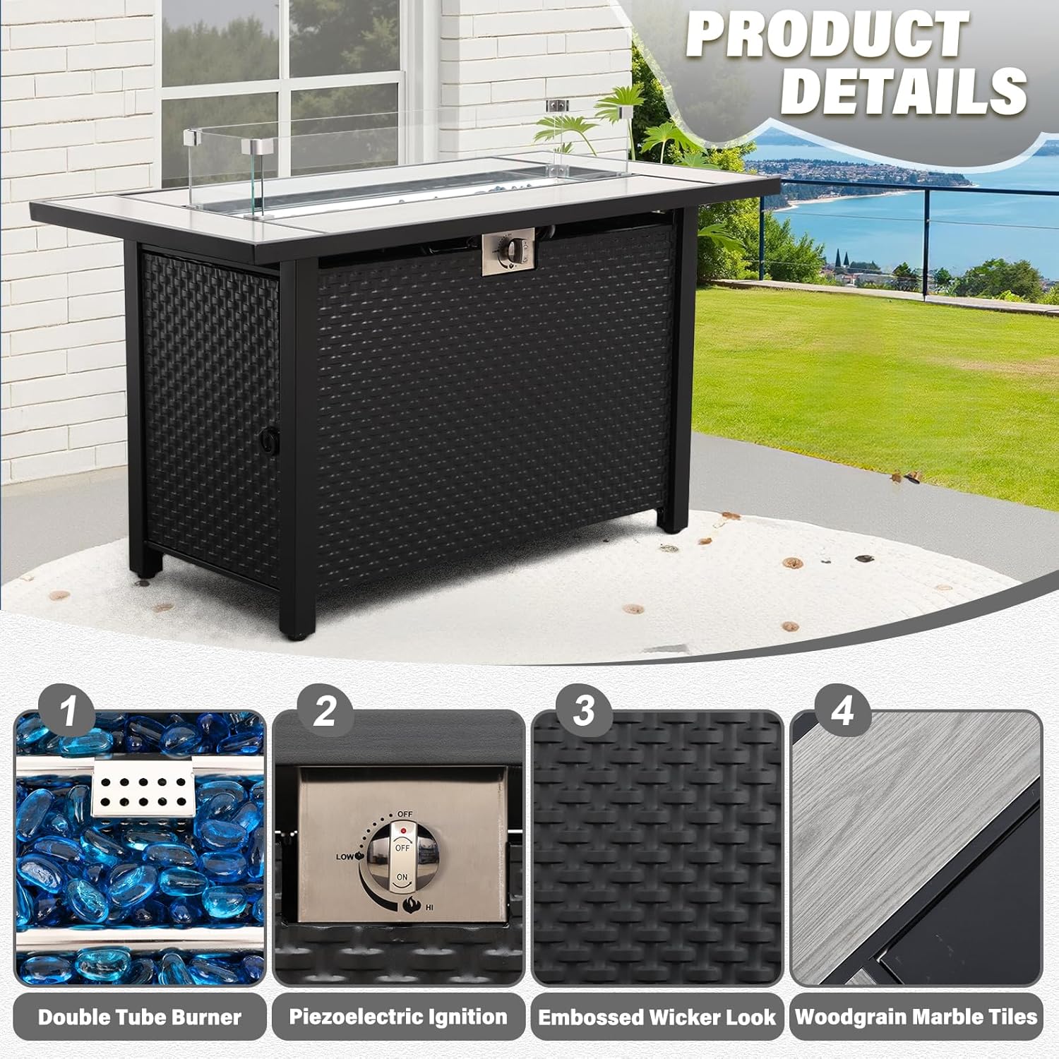 7 Pieces Wicker Patio Furniture Set, PE RattanOutdoor Sectional Conversation Sofa Set with Fire Pit Table, Non-Slip Cushions and Furniture Cover, Light Grey