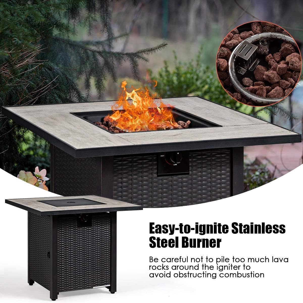 Giantex Propane Fire Pit Table, 30 inch 50,000 BTU Square Gas Firepits w/Ceramic Tabletop, Emboss Gas Heater w/Lava Rock, Waterproof Cover, ETL and CSA Certification for Outside(Black & Gray)