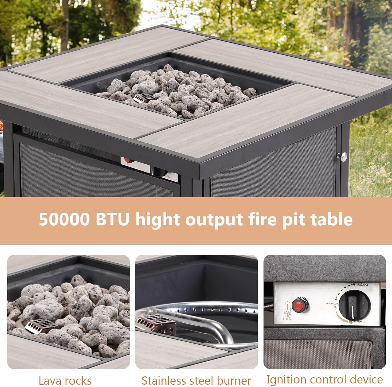 Patio Outdoor Gas Fire Pit Table 32 Inch Btu Rectangle Propane Inch Black Square Steel Natural Finish