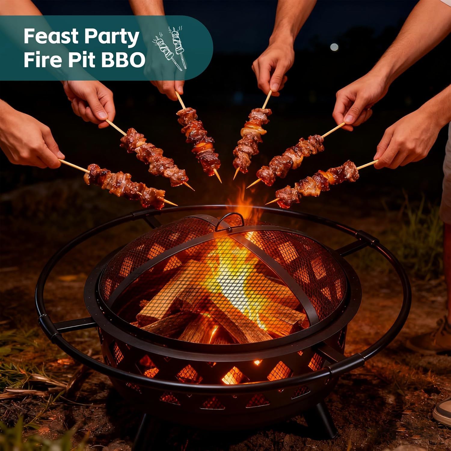 Smug 36 Inch Round Fire Pit, Wood Burning Fire Pits for Outside with Spark Cover Fire Poker, Outdoor Firepit for Patio, Backyard, Garden, Bonfire Party