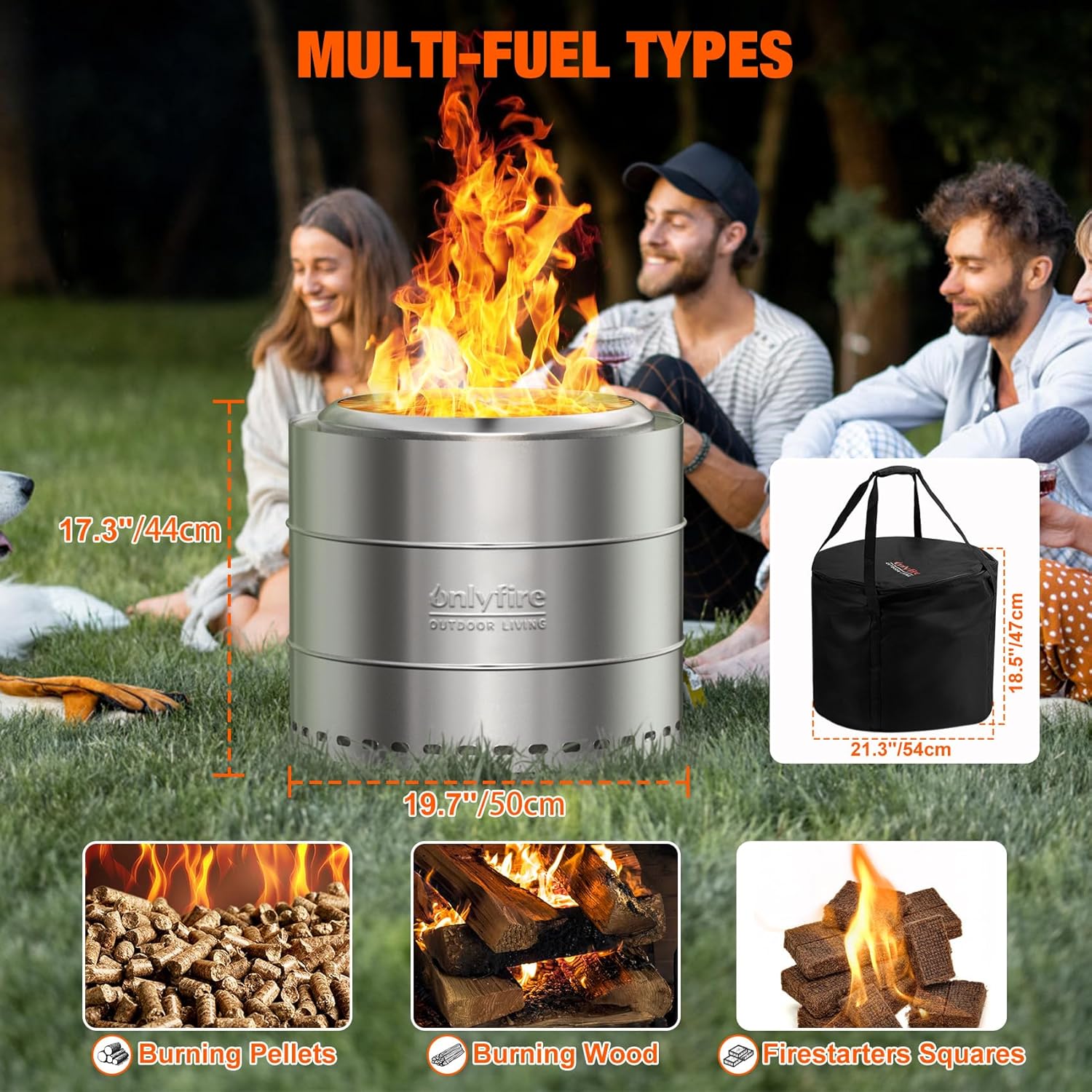 ONLYFIRE OUTDOOR LIVING Wood Burning Fire Pit with Carrying Bag, 19.5” Portable Firepit for Camping Tailgating Patio Backyard Bonfire, Smokeless Fireplace, Stainless Steel FP048