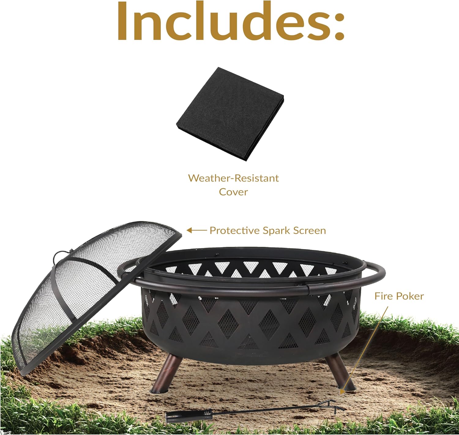Sunnydaze Crossweave Outdoor Fire Pit - Wood-Burning Fire Pit for Outside with Spark Screen, Poker and Round Cover - 36-Inch - Black