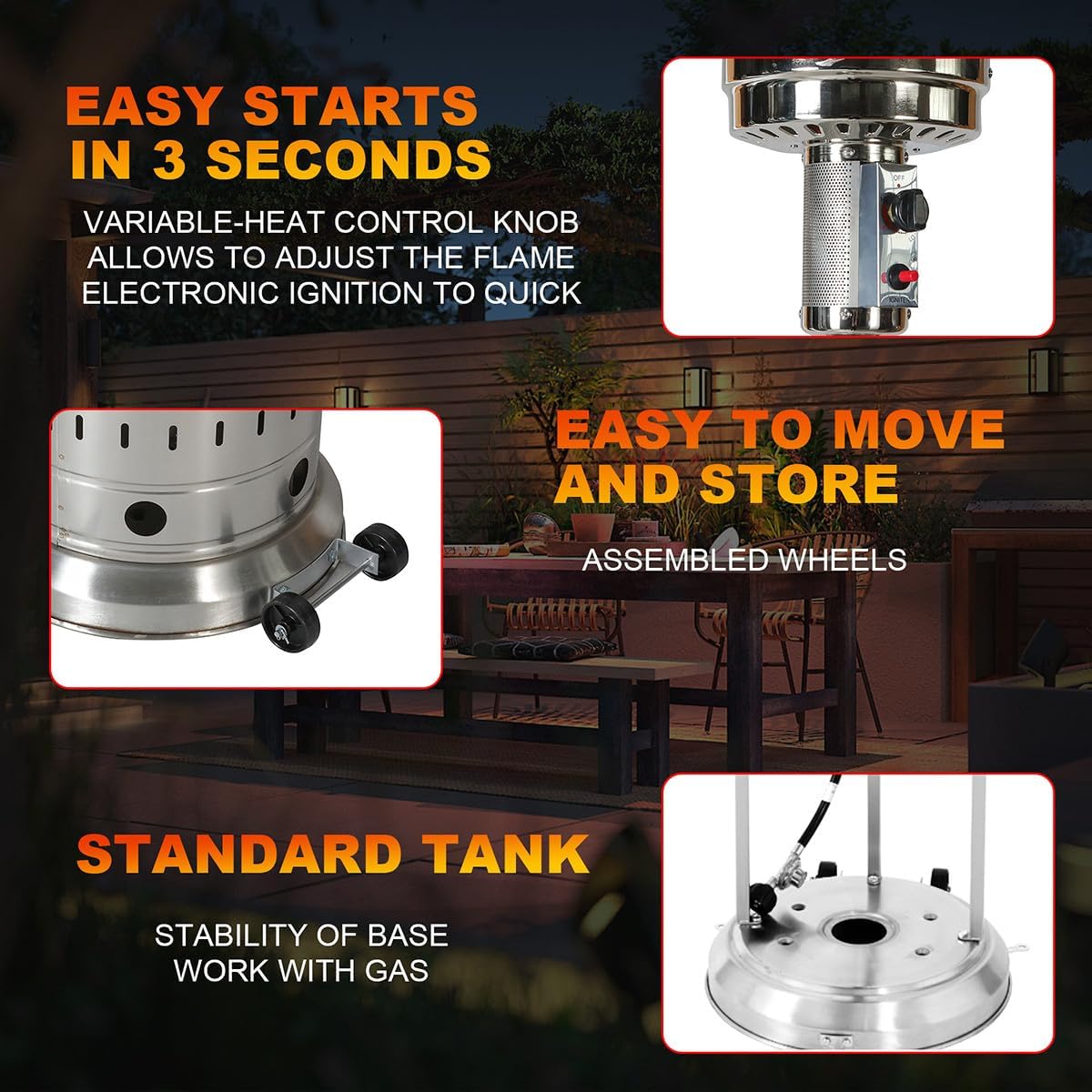 Outdoor Heaters for Patio Stainless Steel Propane Patio Heater with Wheels Triple Safety Shutoff Adjustable Heat - Alternative to Smokeless Fire Pits for Outside