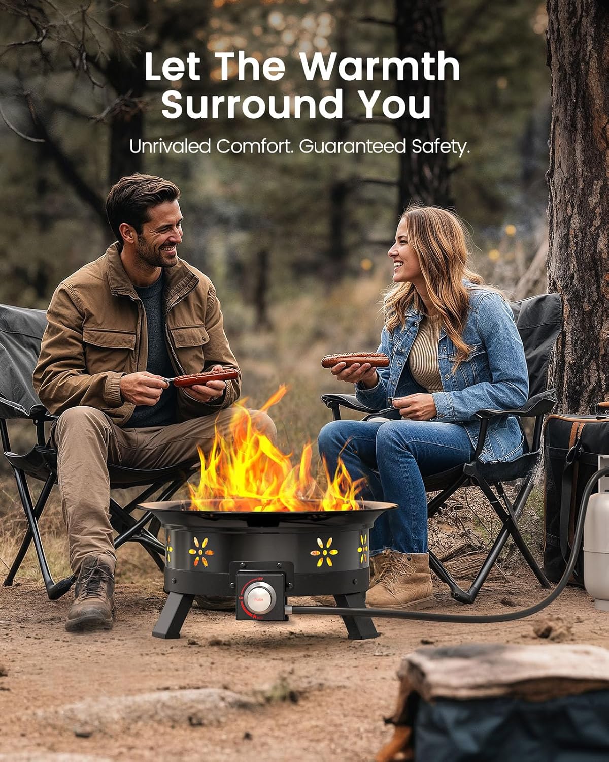 AMADA HOMEFURNISHING 19″ Propane Fire Pit with Grill Grate, 58,000 BTU, Folding Legs, Propane Tank Holder, Cover, and Carry Strap, No Ignition Needed, Easy Flame Adjustment, Portable