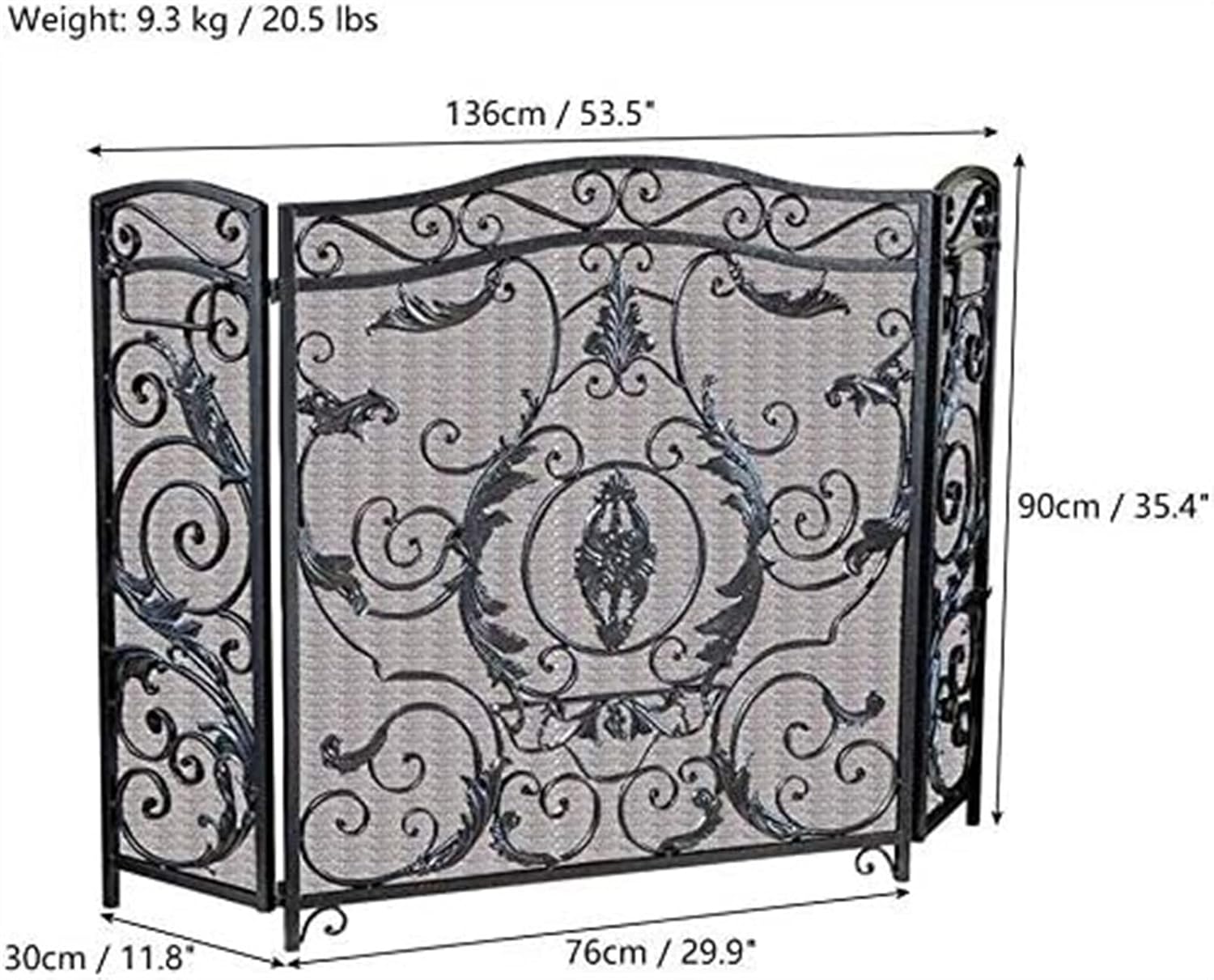 Large Black 3-Panel Screen Fire Guard for Stove & Fireplace - Decorative Mesh Safety Barrier with Elegant Scroll Design, Spark Protection for Home & Patio,