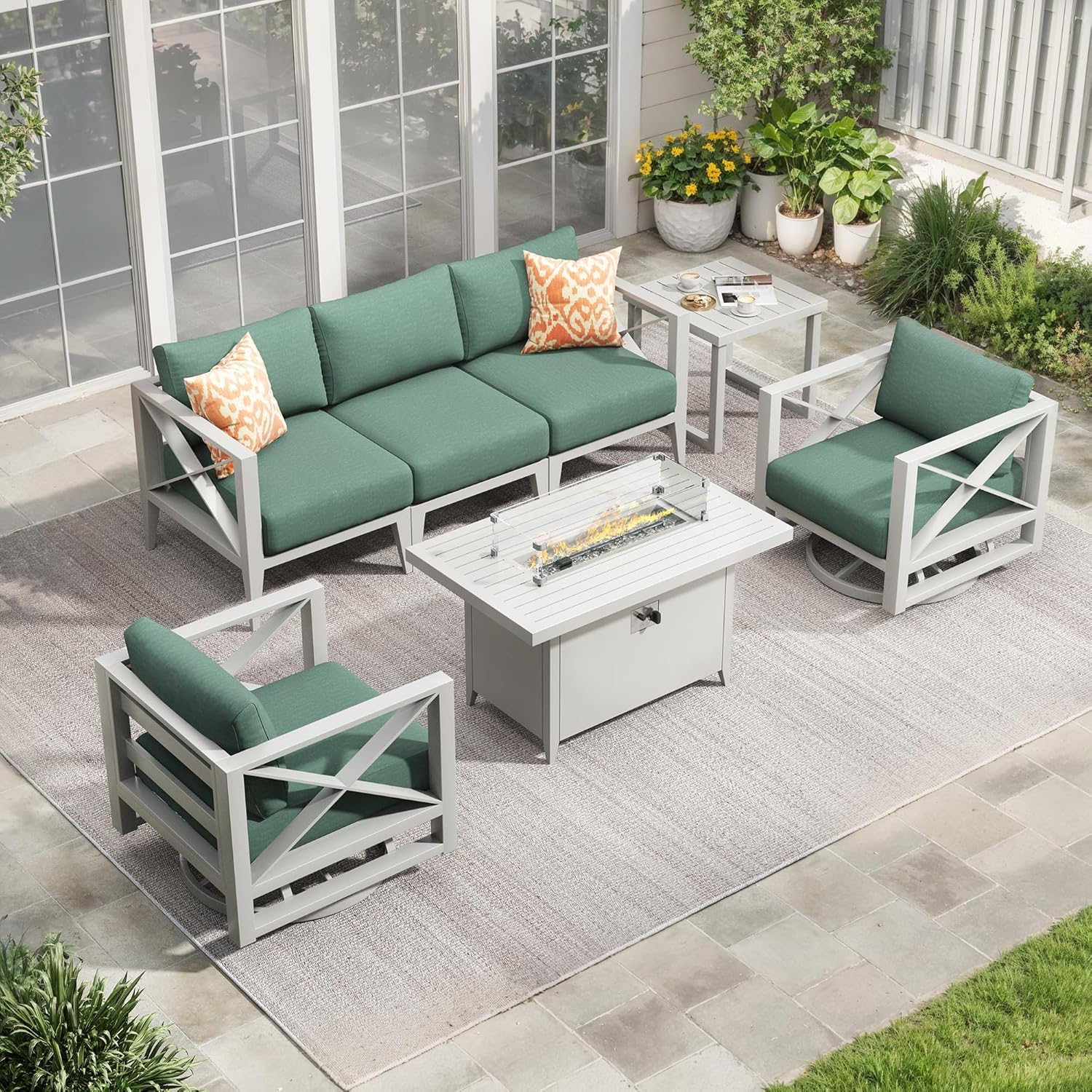 Aluminum Patio Furniture Set with Oversized Fire Pit Table, 7-Piece All-Weather Outdoor Conversation Set with Swivel Rocking Chairs, Oversized Modern Sofa for Backyard,Deck,Balcony–White