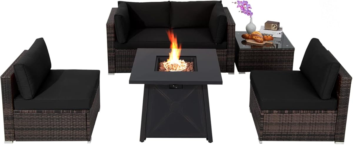COSTWAY 6 Piece Patio Furniture Set with 30'' Fire Pit Table, Outdoor Wicker Rattan Sectional Conversation Set with 4'' Thickened Cushions, Armless Sofa and Side Coffee Table (Black)