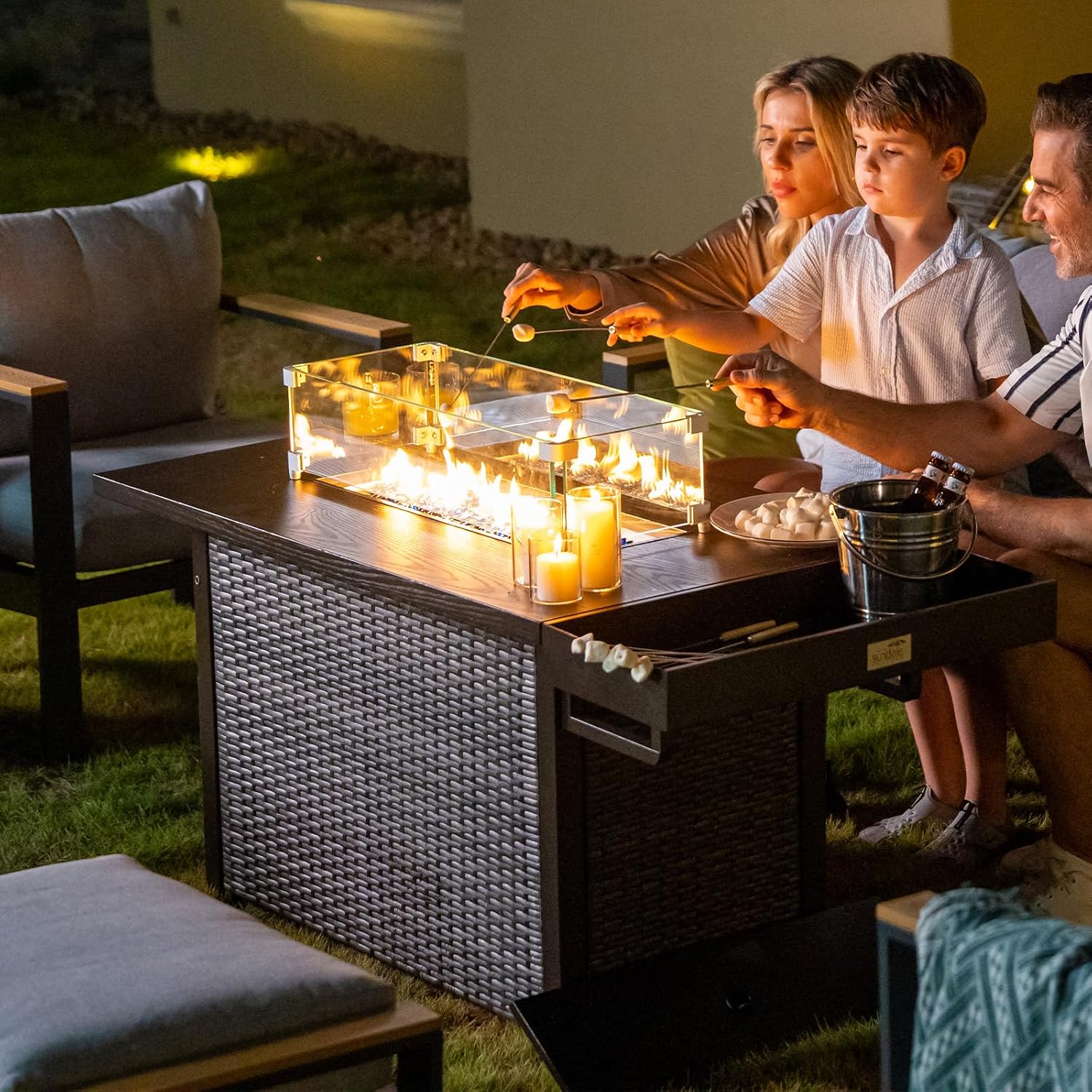 Sundale Outdoor 52 Inch Outdoor Fire Pit Table, 50,000 BTU Propane Fire Pits with Storage Shelf, Glass Wind Guard and Lid, Wicker Patio Gas Fire Pit for Outside Patio and Garden, CSA-Listed(Brown)