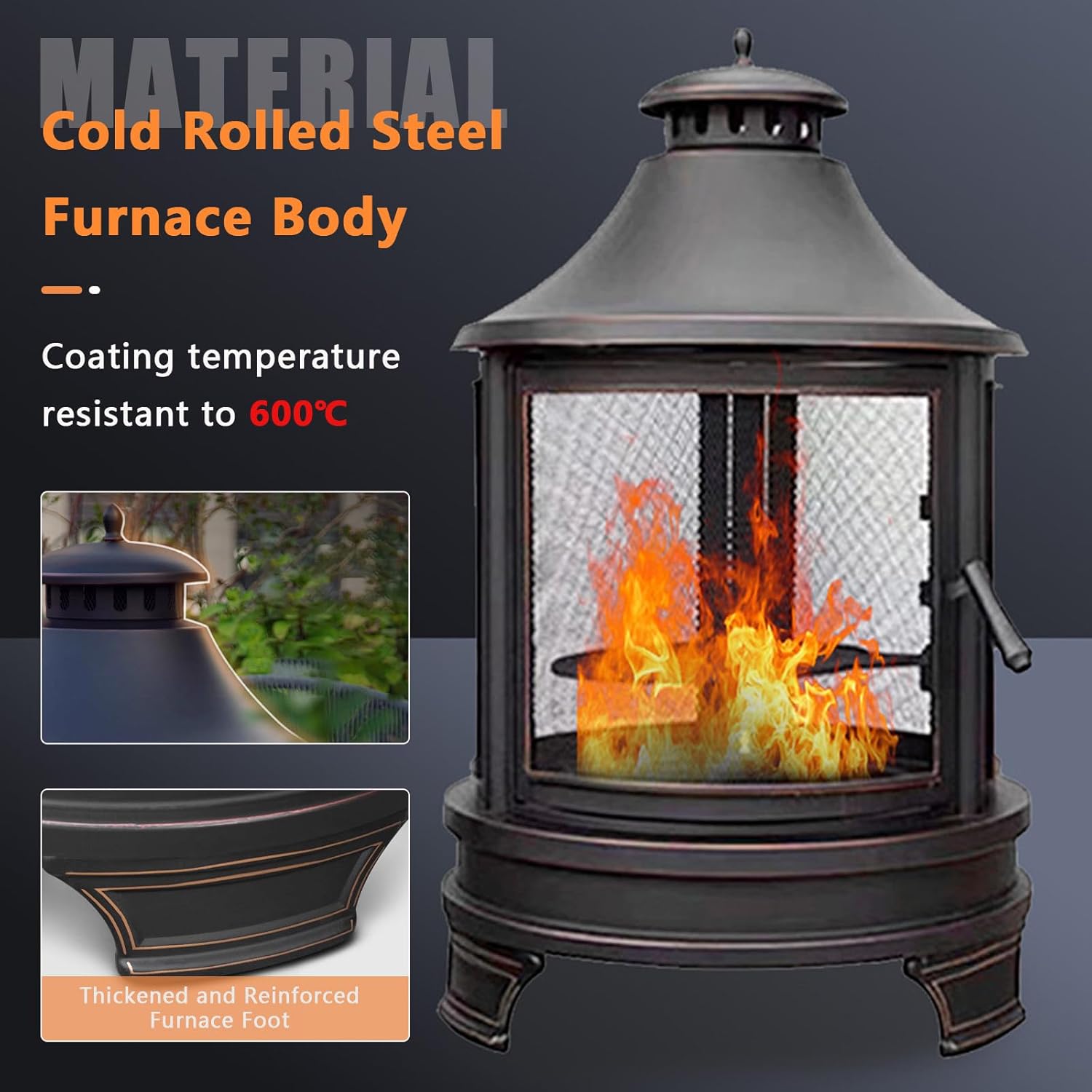 Fire Pit Chiminea, 30'' x 49'' Large Chiminea Fireplace with Mesh Spark Screen Doors & Fire Poker, Outside Wood Burning Fire Pit for Patio, Lawn, Backyard