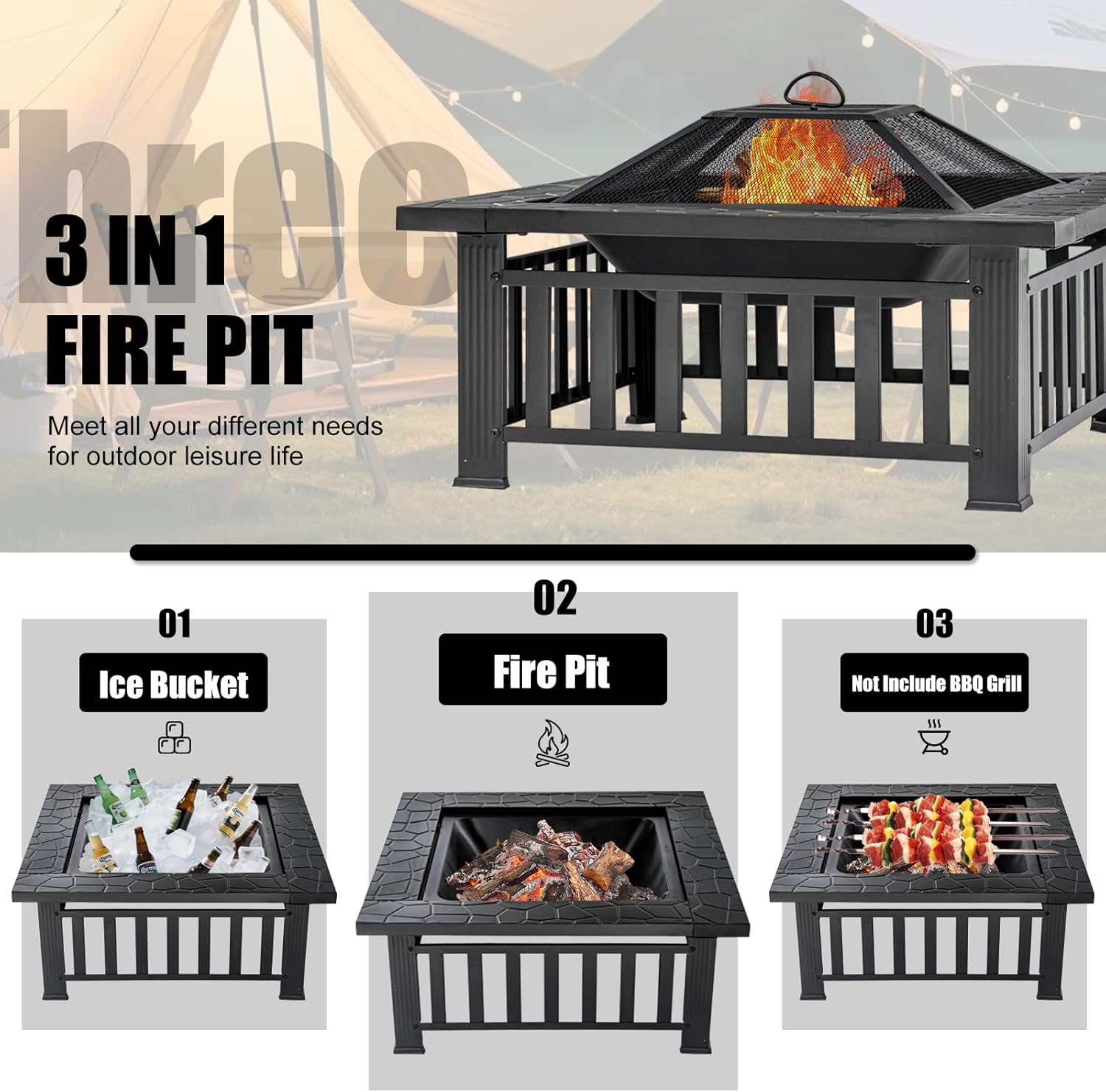 Fire Pit Table 32 Inch Square Metal Stove for Patio, Backyard, Garden | Multifunctional Outdoor Fireplace for Camping, Heating, Bonfire & Picnic