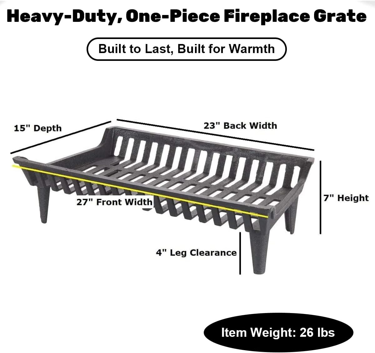 Fireplace Grate 27 inch Heavy Duty, Cast Iron Fire Grate - 27