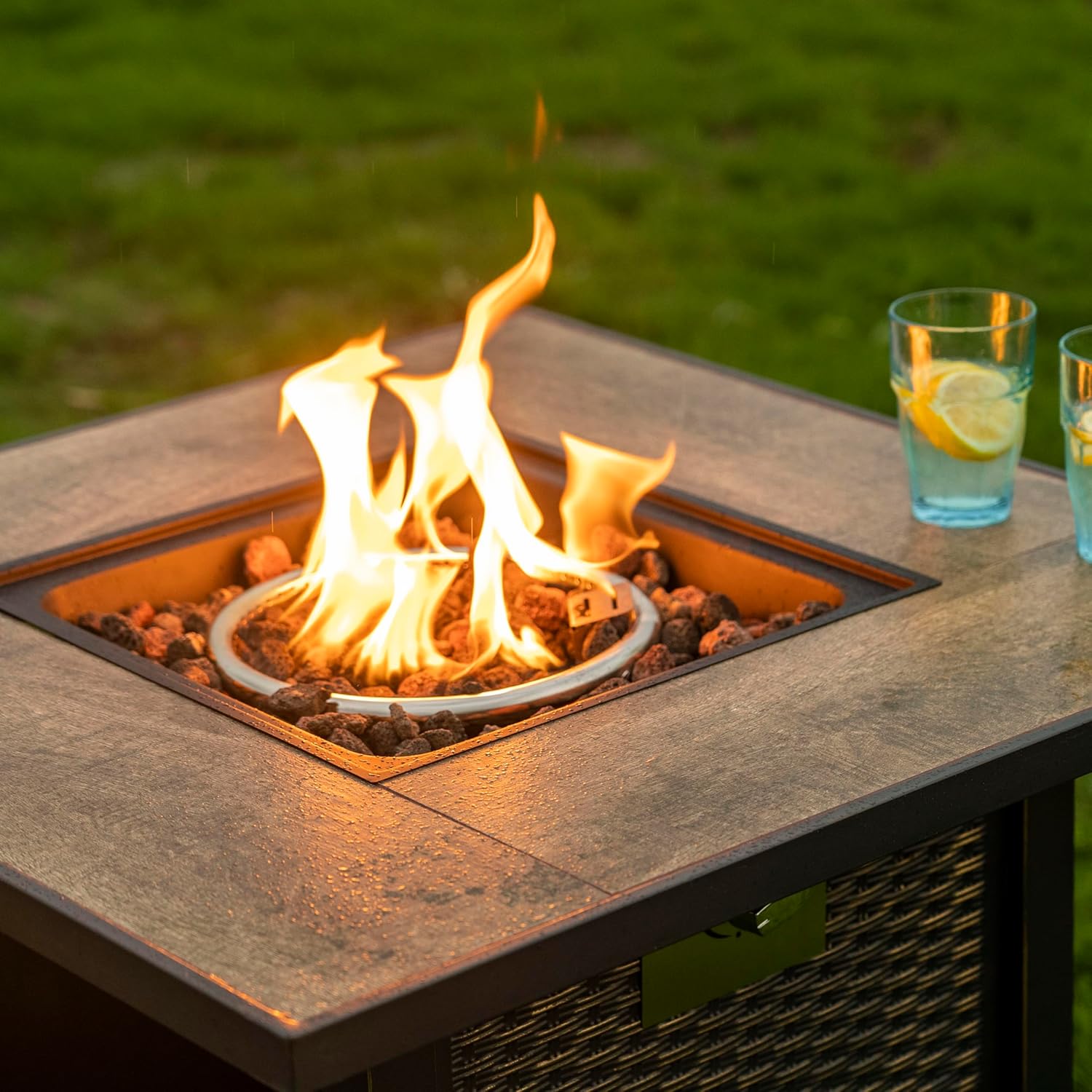 Nuu Garden 30 Inch Outdoor Propane Fire Pit Table, 50,000 BTU Square Gas Fire Table with Ceramic Tabletop, Lid, Cover and Lava Rock for Patio Outside Garden Backyard Party, Brown