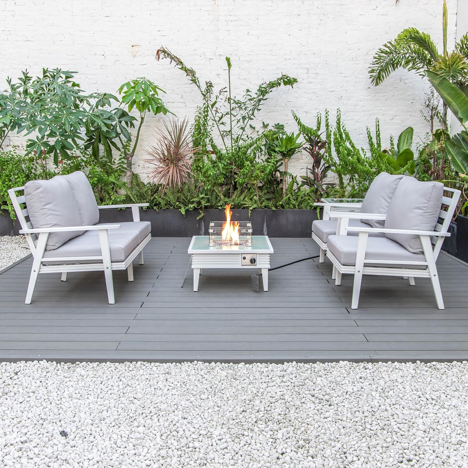 LeisureMod Walbrooke Modern Aluminum 5-Piece Patio Conversation Set with Outdoor Square Fire Pit Slats Design & Side Table Tank Holder, Light Grey