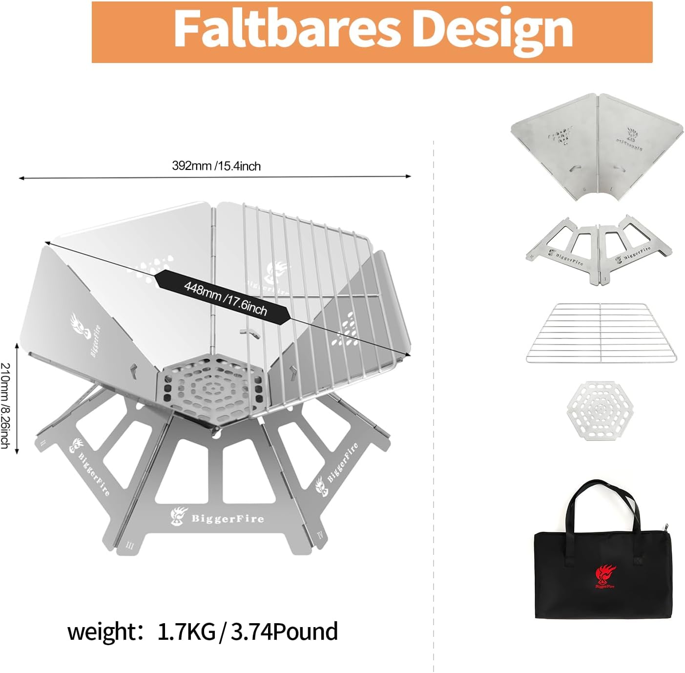 Foldable Portable Fire Pit,Stainless Steel Fire Pits with Charcoal Grill Net and Storage Bag,Camping Fire Pit Grill for Patio Outdoor Barbecue Campfire Bonfire (Medium)