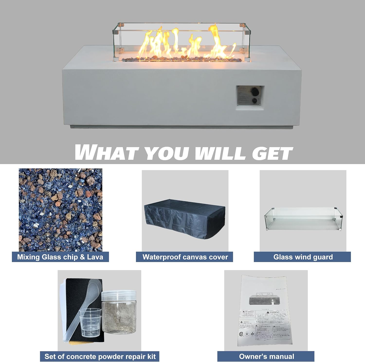 52-inch Outdoor Propane Gas Fire Pit Table, Rectangle Concrete Tabletop Firepit with Lid & Waterproof Cover, Patio Heater for Deck Backyard Garden Poolside