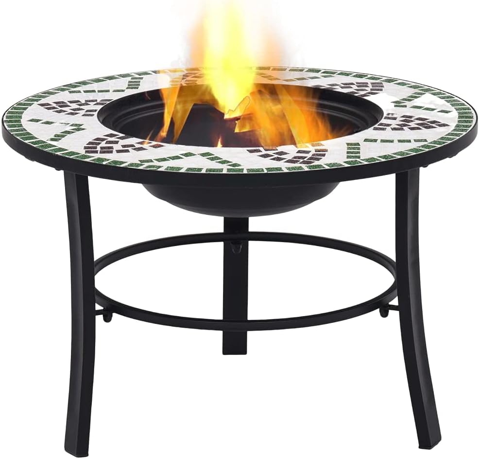 Mosaic Fire Pit, BBQ Grill, Heat Radiator Made of Resistant Steel and Ceramic, Suitable for Burning Wood, Logs, Charcoal, Green 26.8